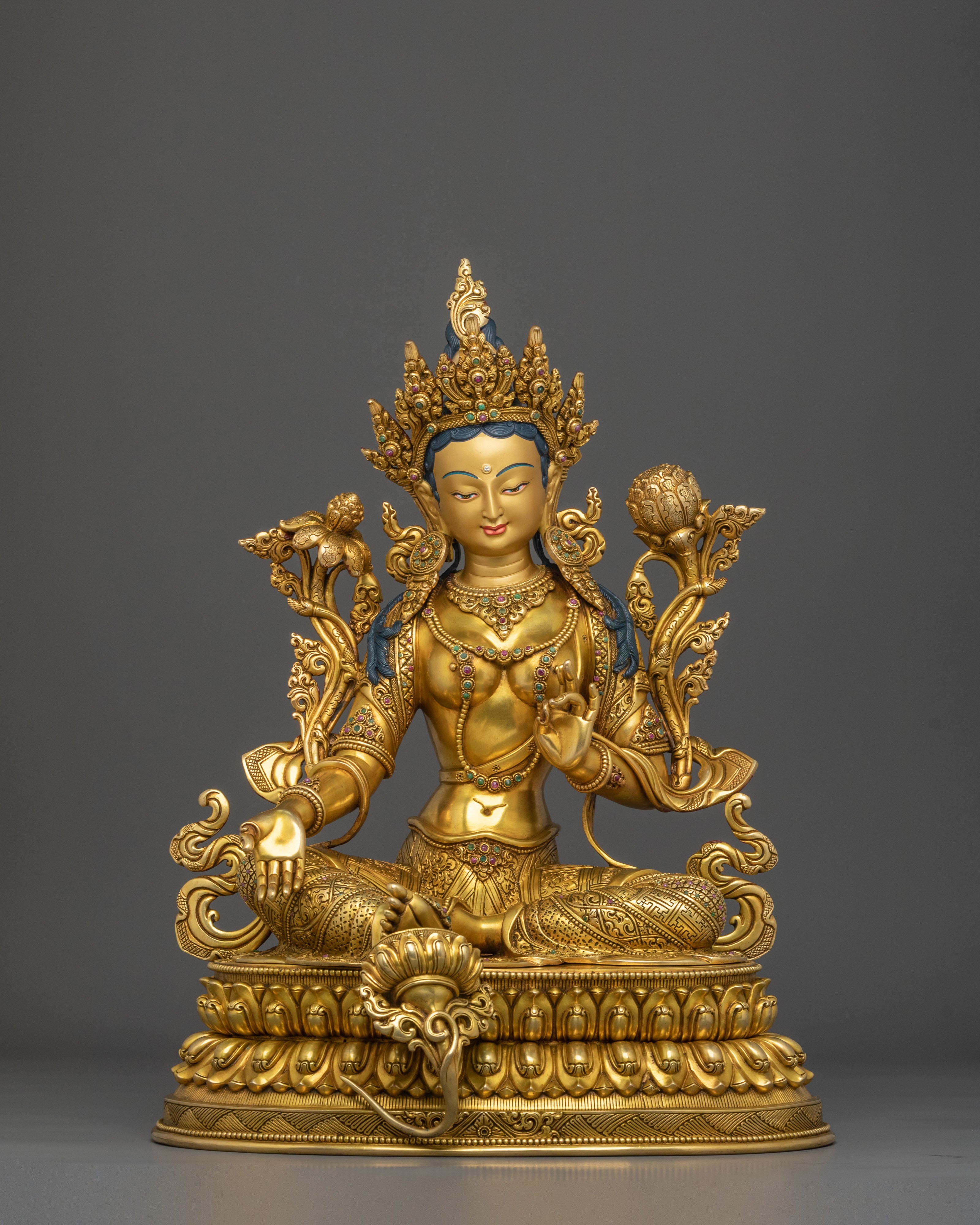 Tibetan Goddess Sculpture of Green Tara | 24K Gold Gilded Compassion Statue