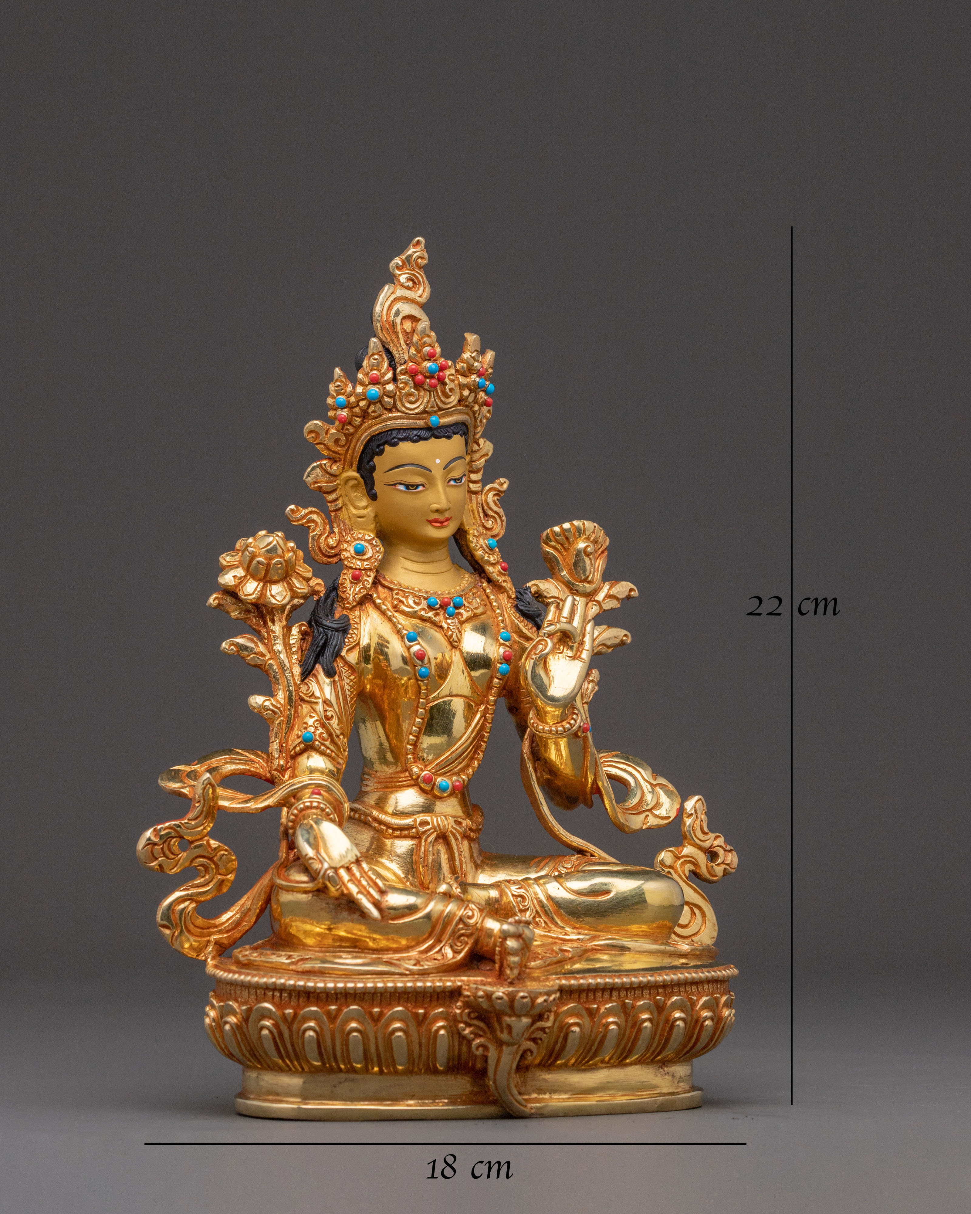 Gold Glided Green Tara Statue - Handcrafted Copper Artwork