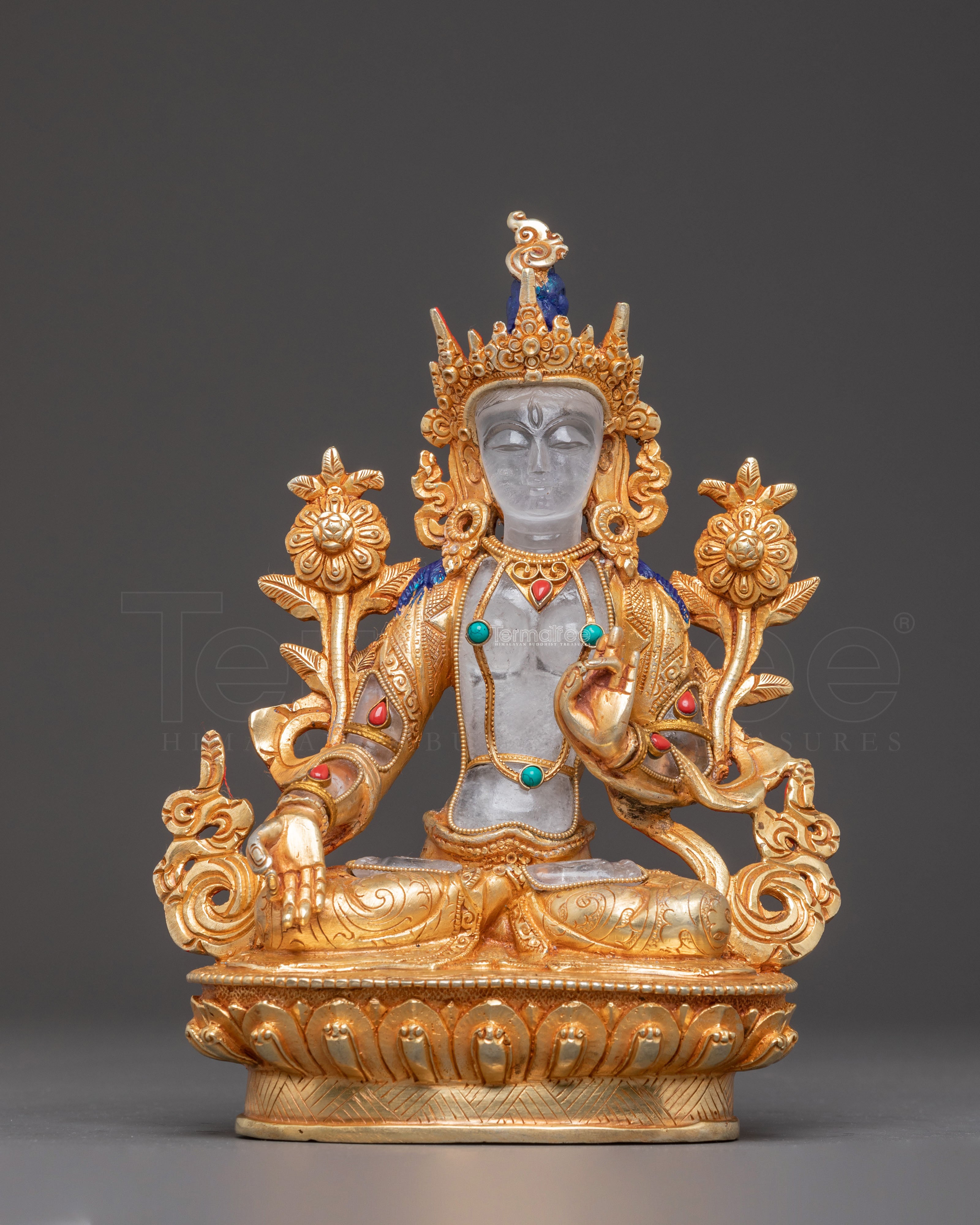 A Radiant Buddhist Shyama Tara Golden Statue with Crystal Body