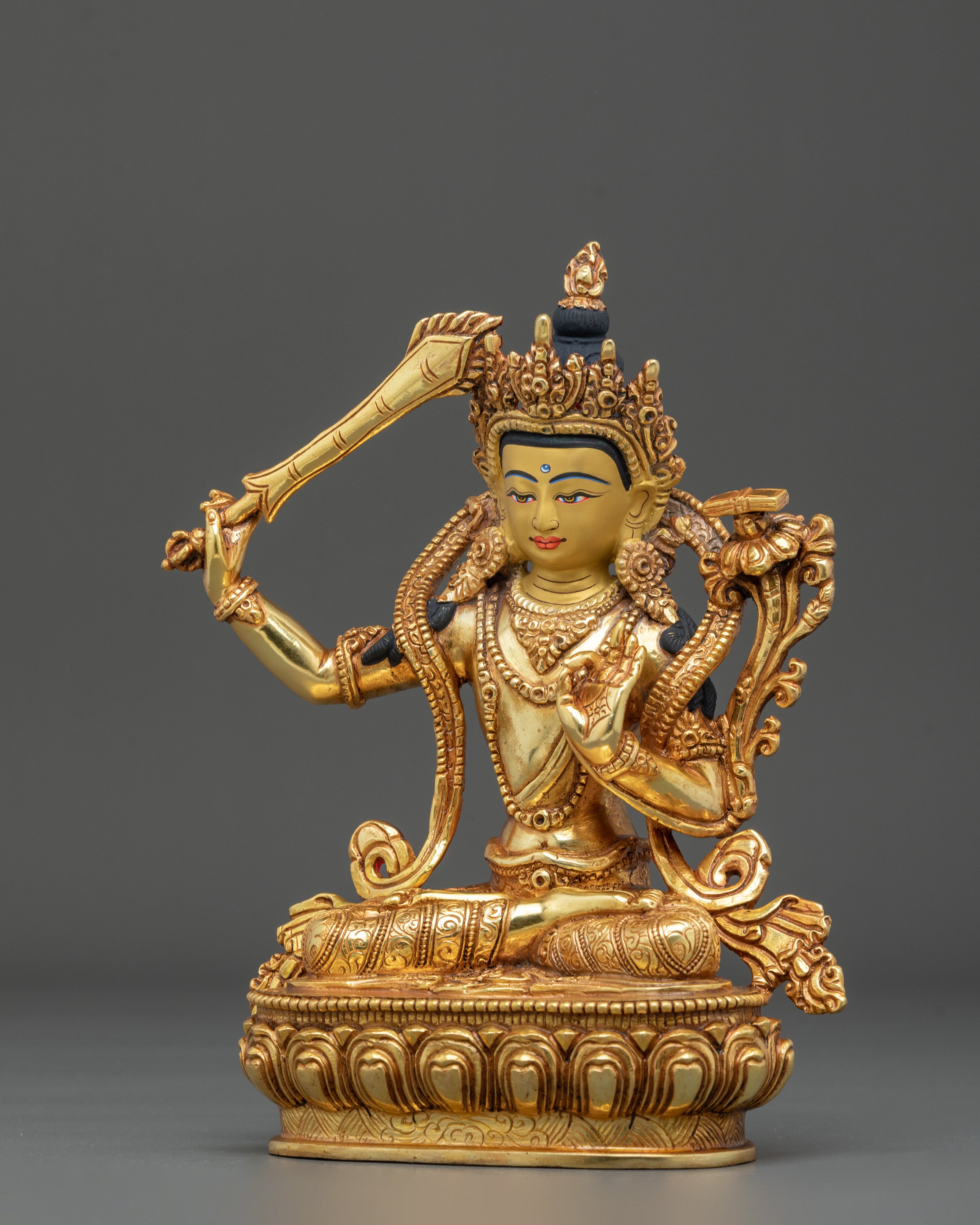Manjushri Wielder of Wisdom Sword Statue in 24K Gold