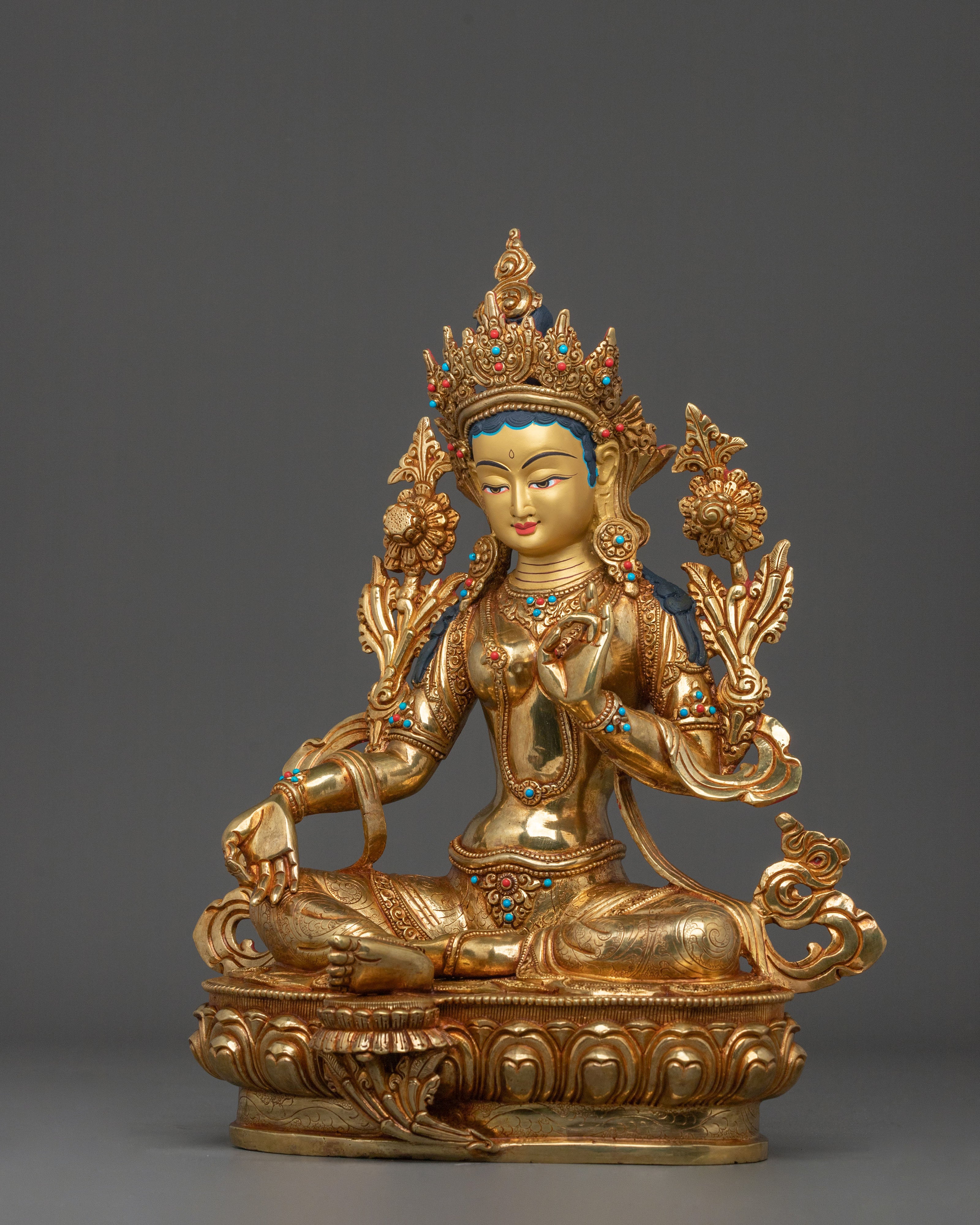 Green Tara Statue | Handcrafted 24K Gold Gilded Guardian