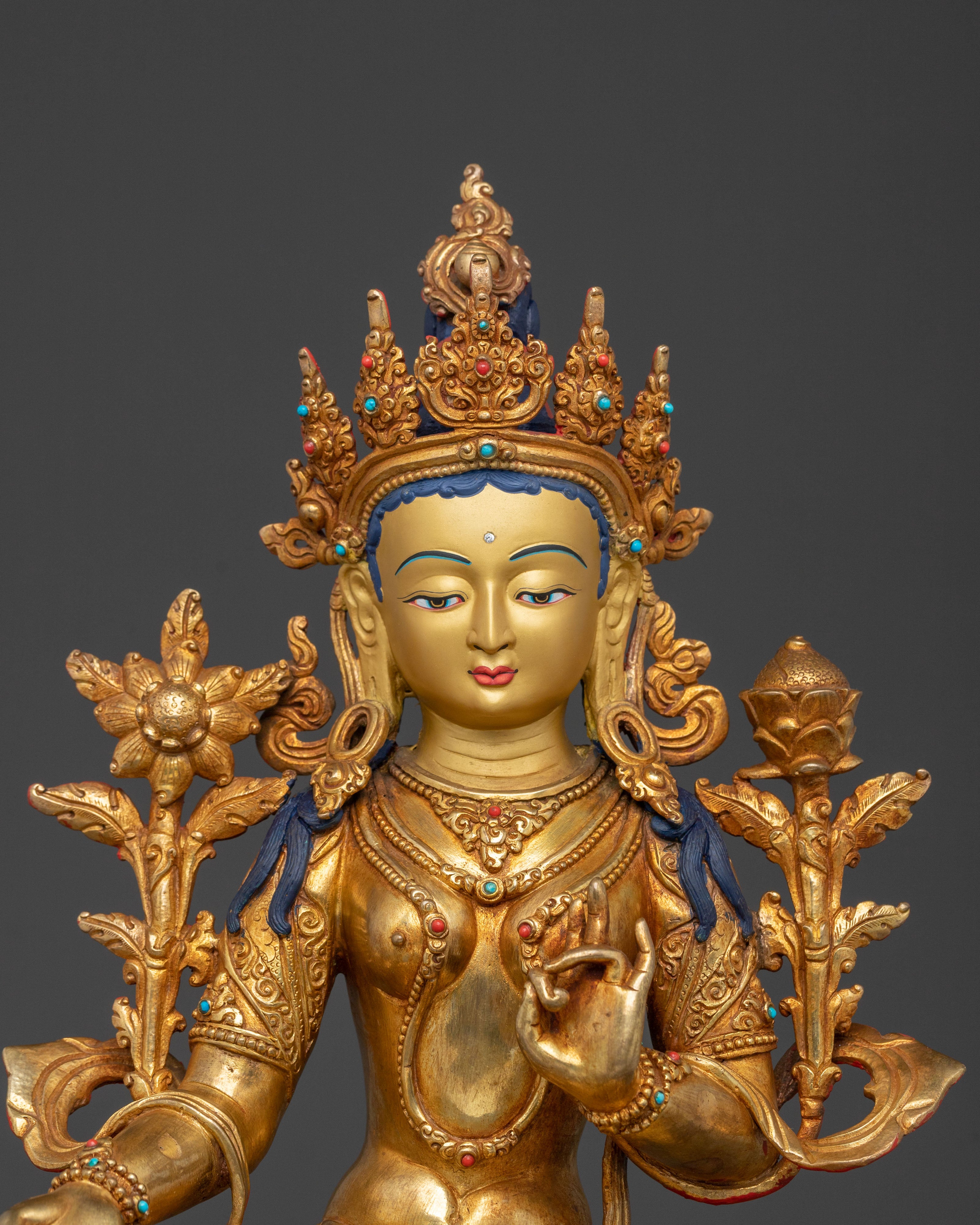Green Tara Blessing Statue with 24K Gold Glided