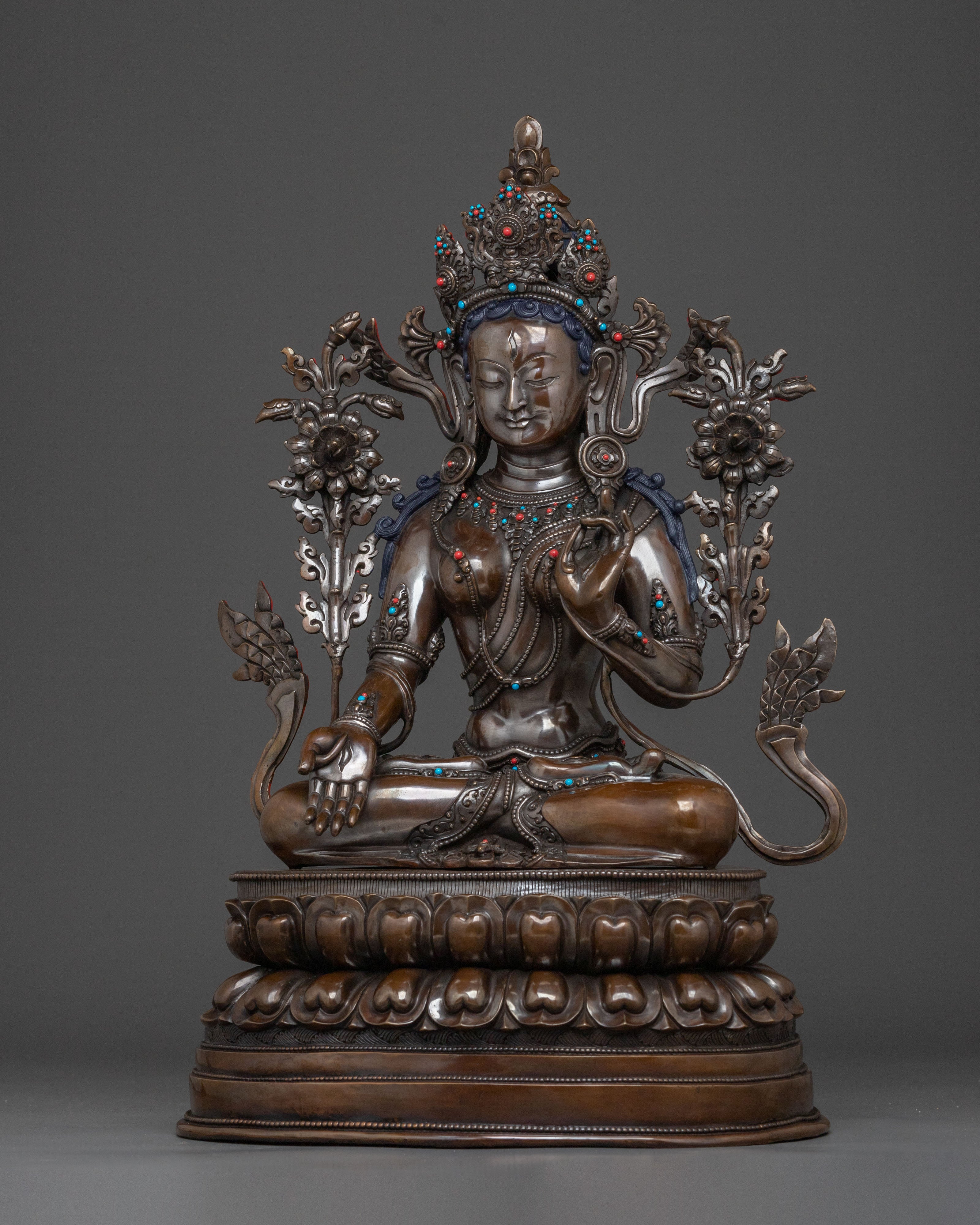 White Tara Statue: Oxidized Copper Goddess