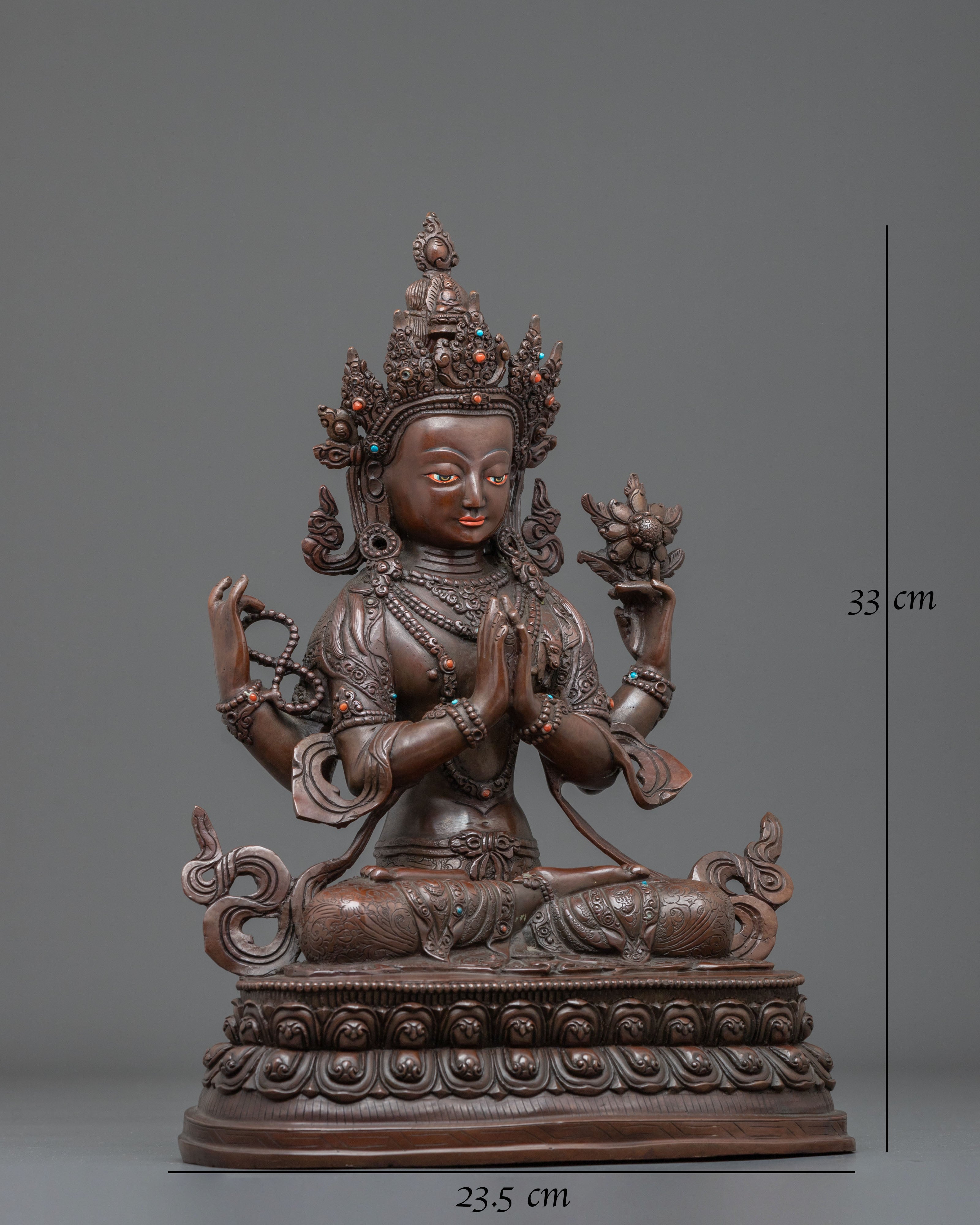 Chenrezig Oxidized Copper Statue Adorned with Gemstones