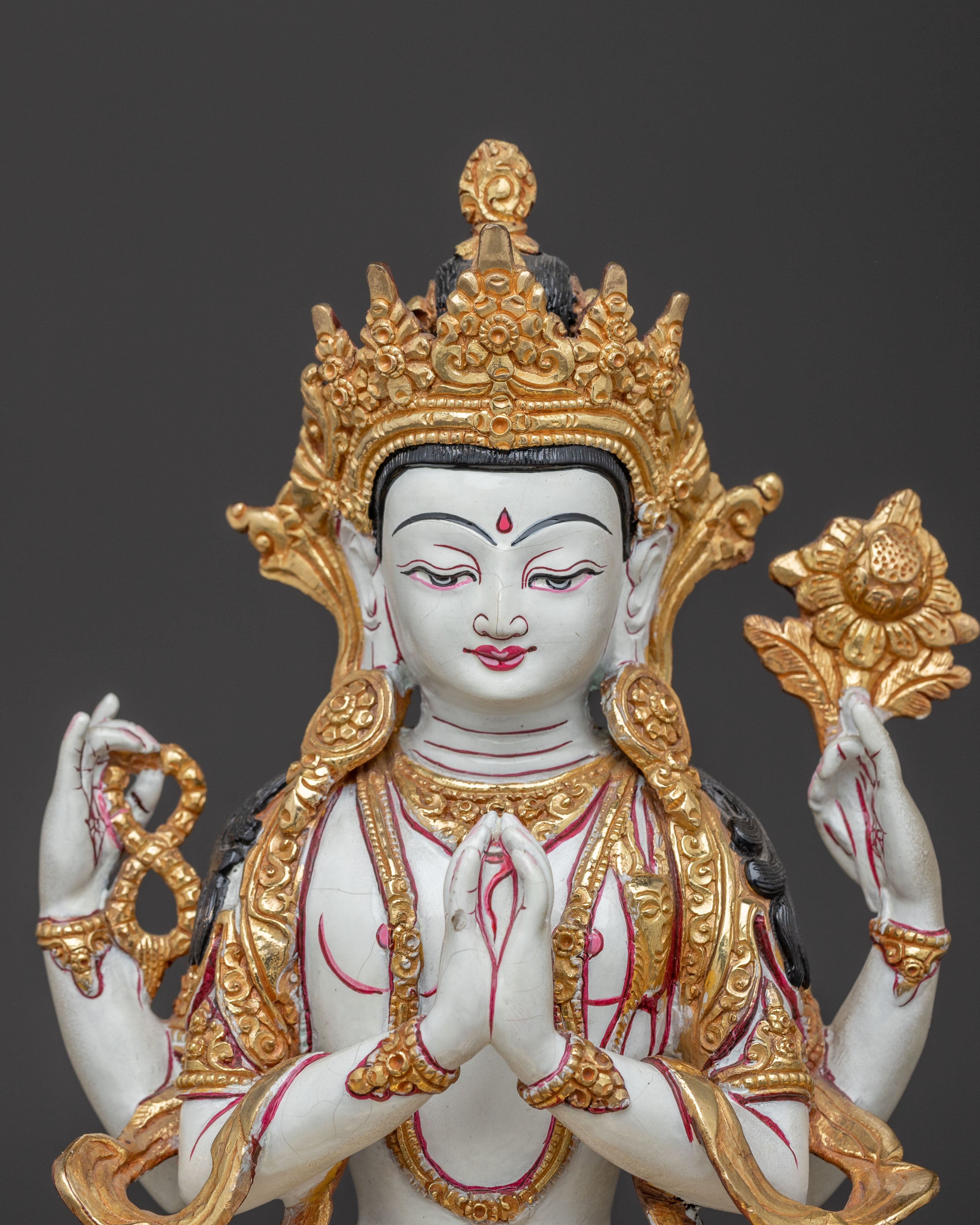 Chenrezig Bodhisattva Golden Statue | Handcrafted Nepalese Copper Sculpture