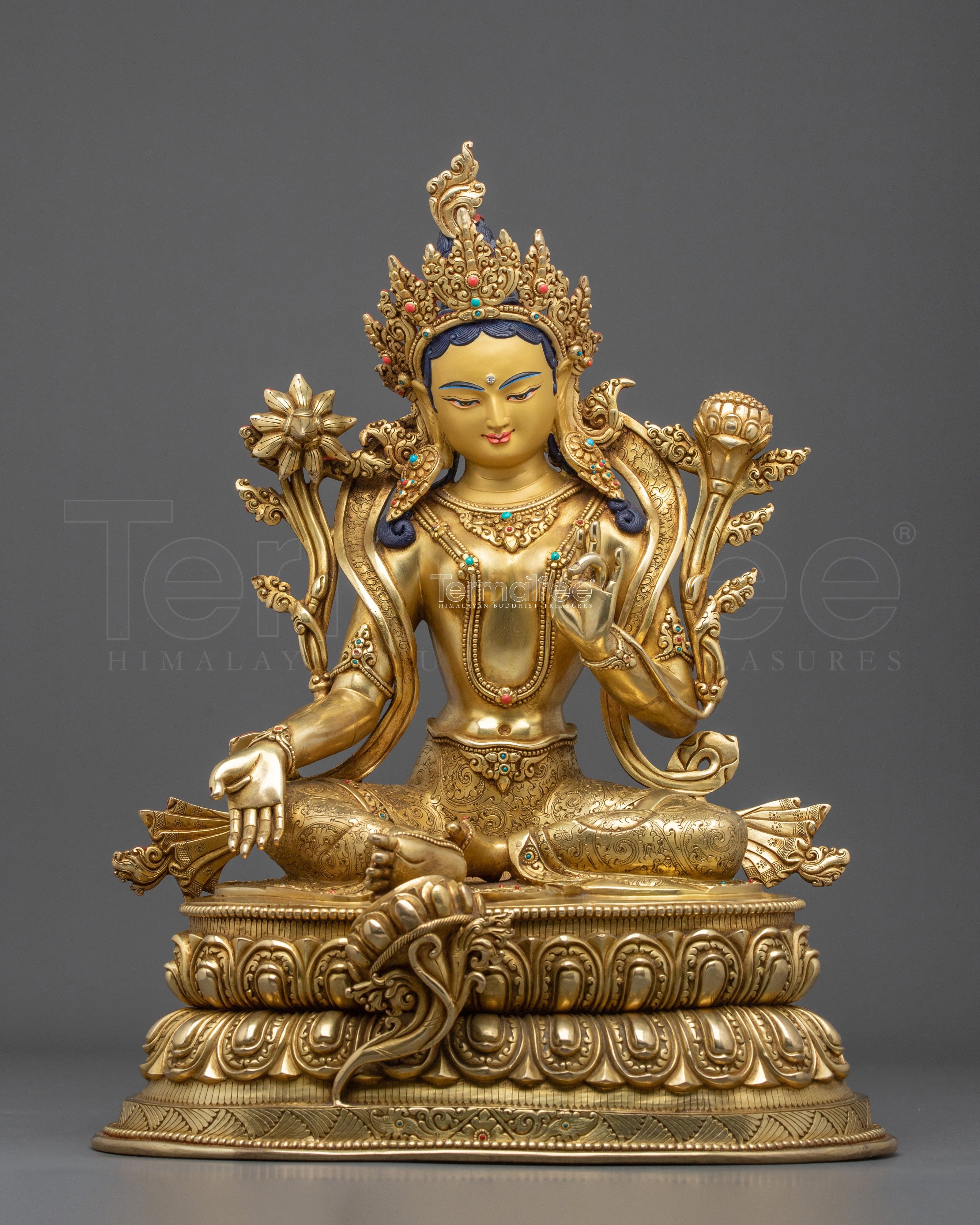 16-Inch Sacred Green Tara 24K Gold Gilded Copper Gemstone Statue