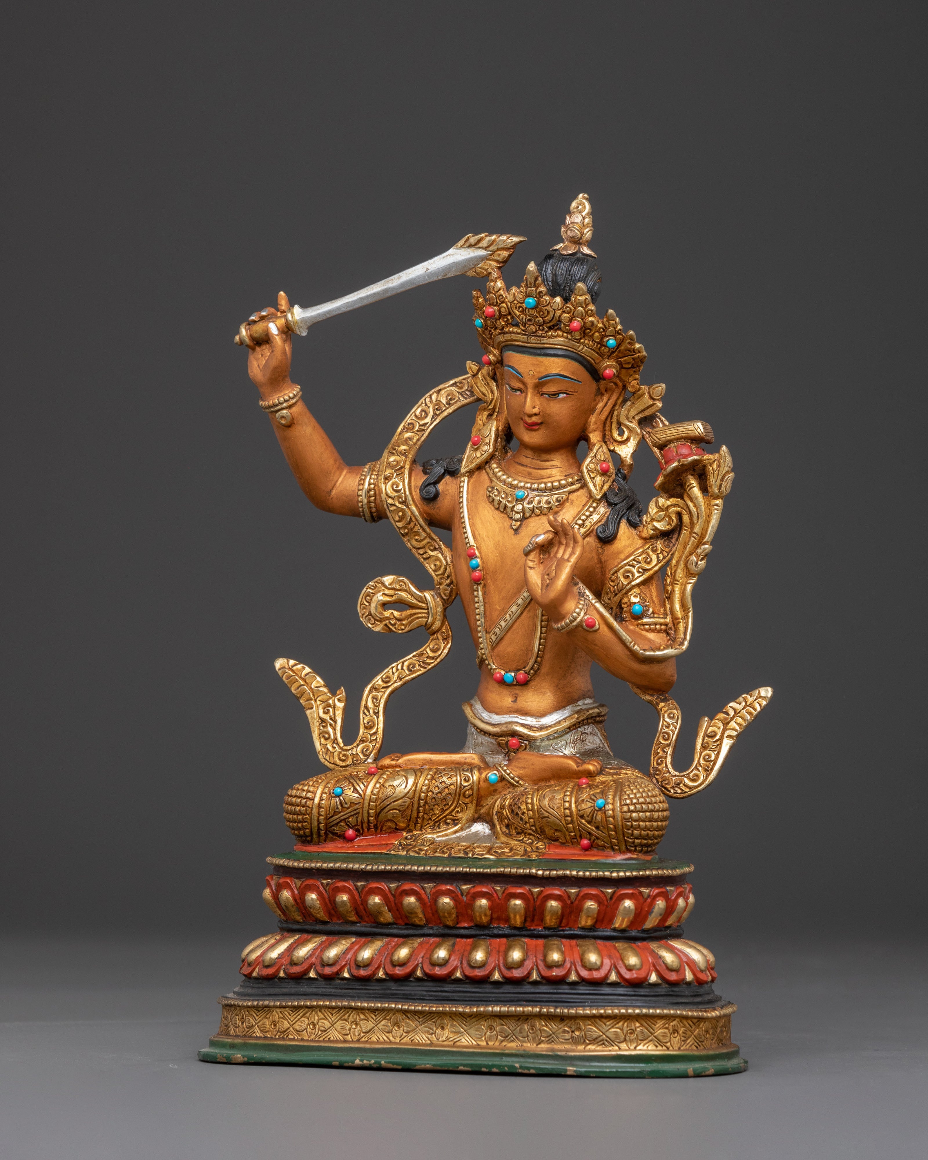 Manjushri Tibetan Sacred Statue - 24K Gold Gilded Serenity