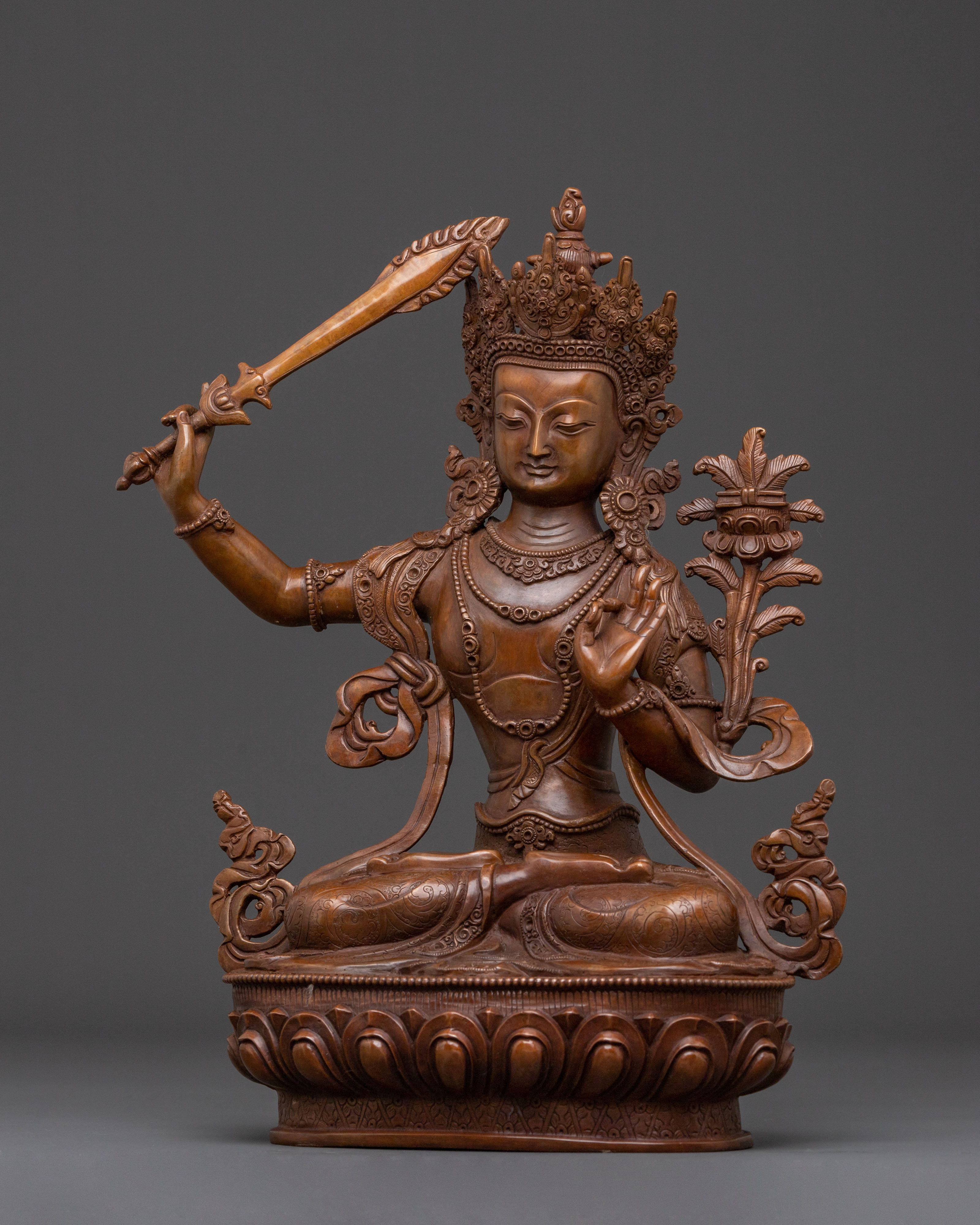 Manjushri Bodhisattva Statue for Altar - Oxidized Copper Finish