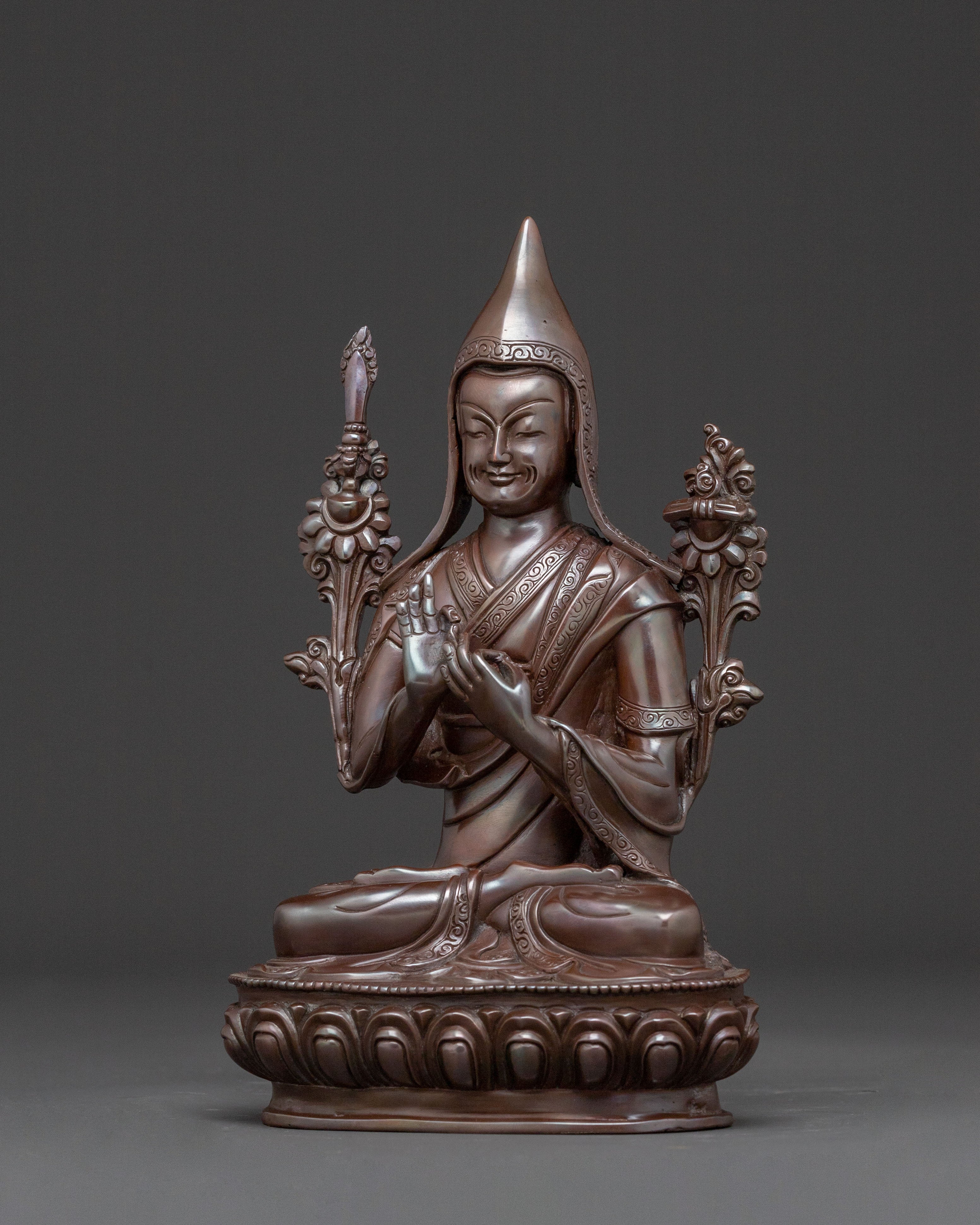 Tsongkhapa Copper Statue with Disciples: Oxidized Finish
