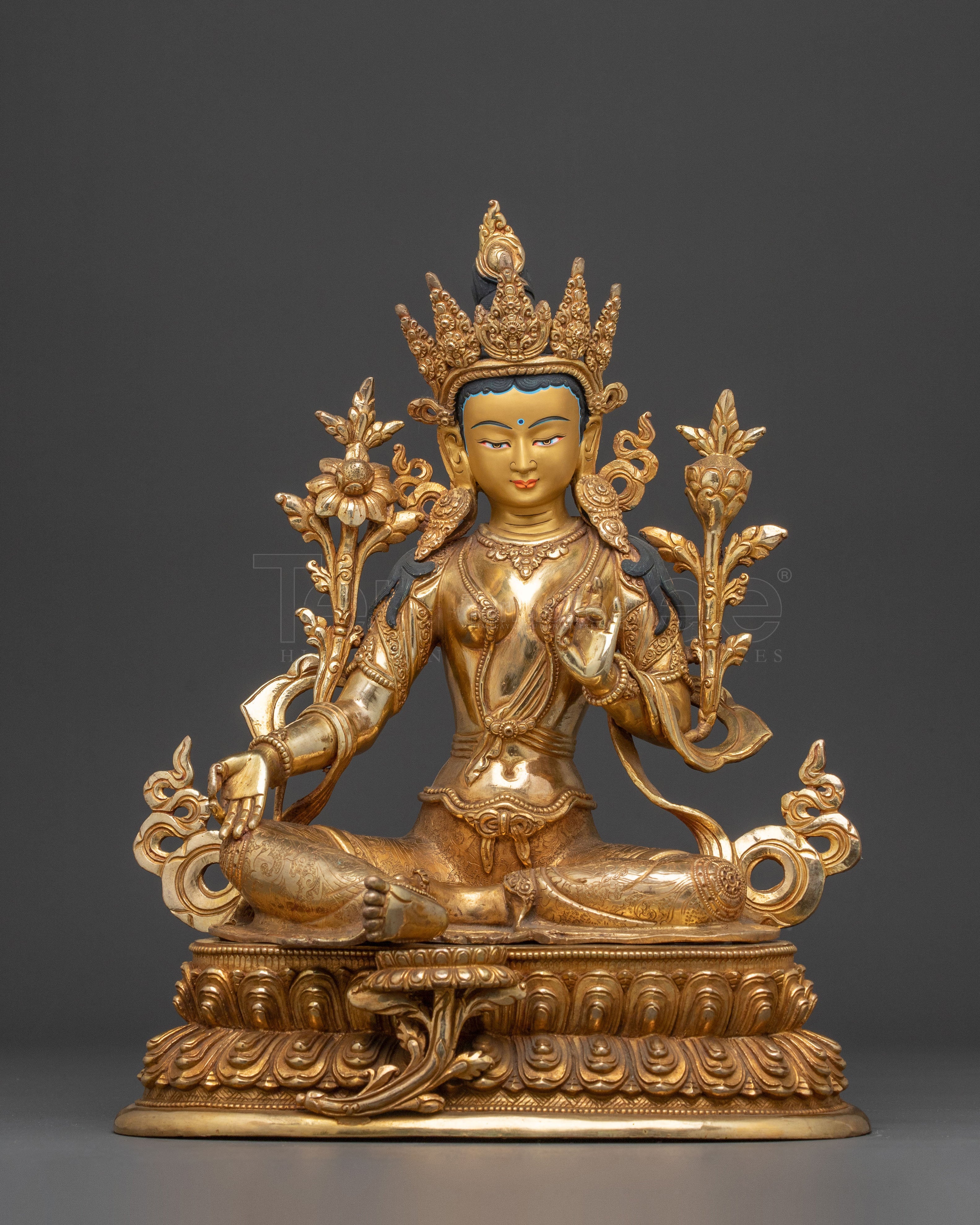 Sacred Compassion Goddess Green Tara Statue – 24K Gilded Radiance