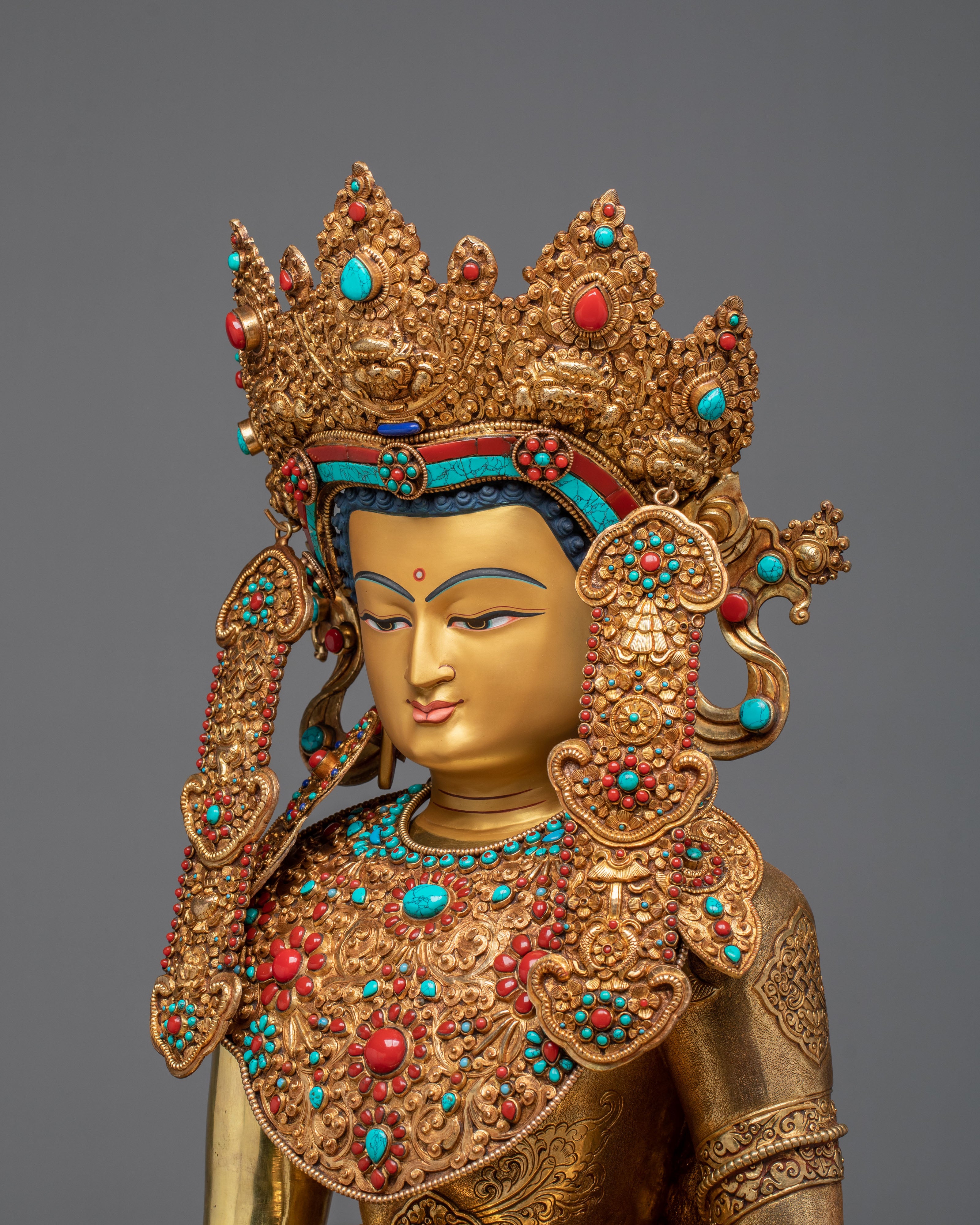 Crown Shakyamuni Buddha Golden Figurine on Throne