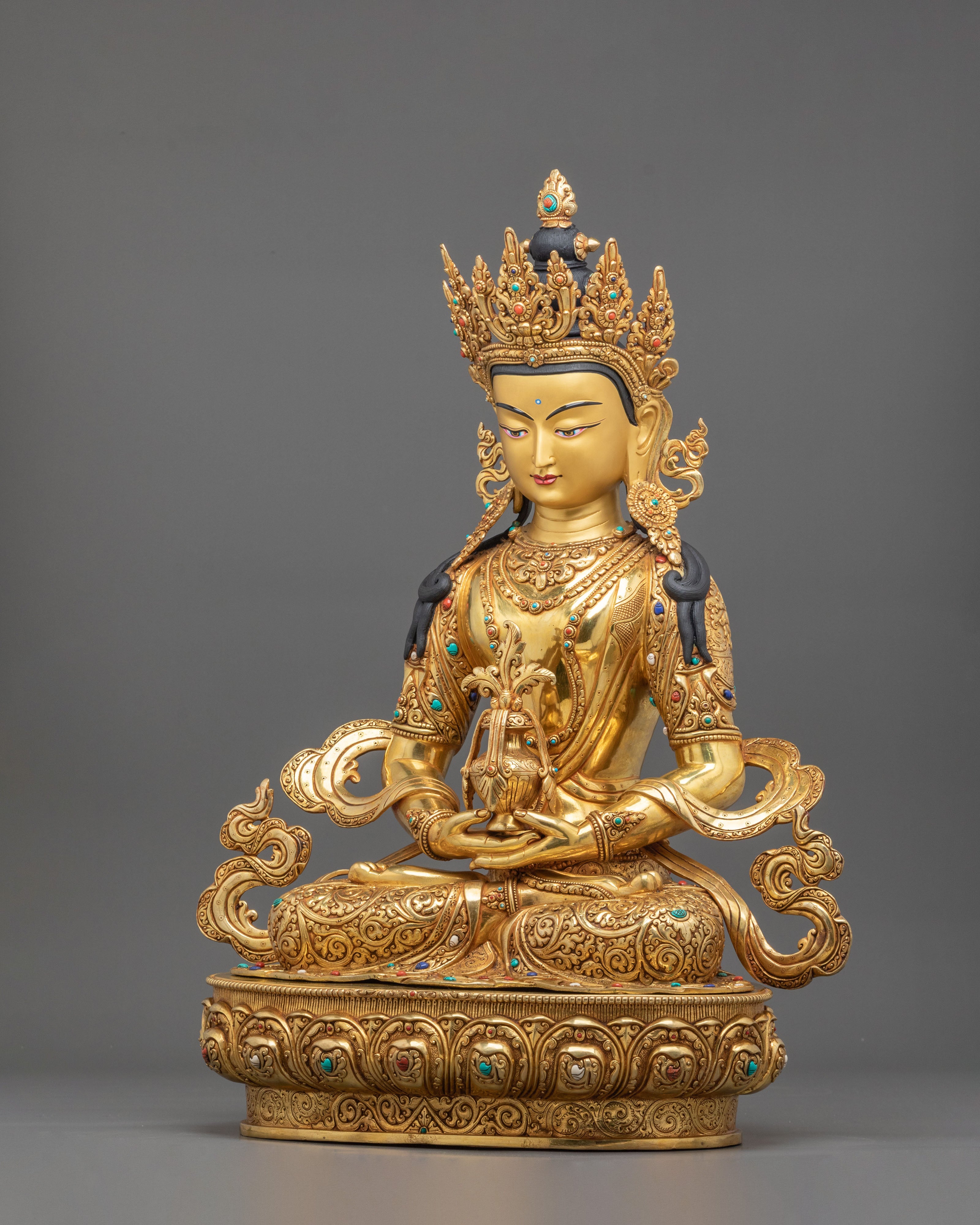 Amitayus Sculpture | Gemstones Adorned Copper Figurine