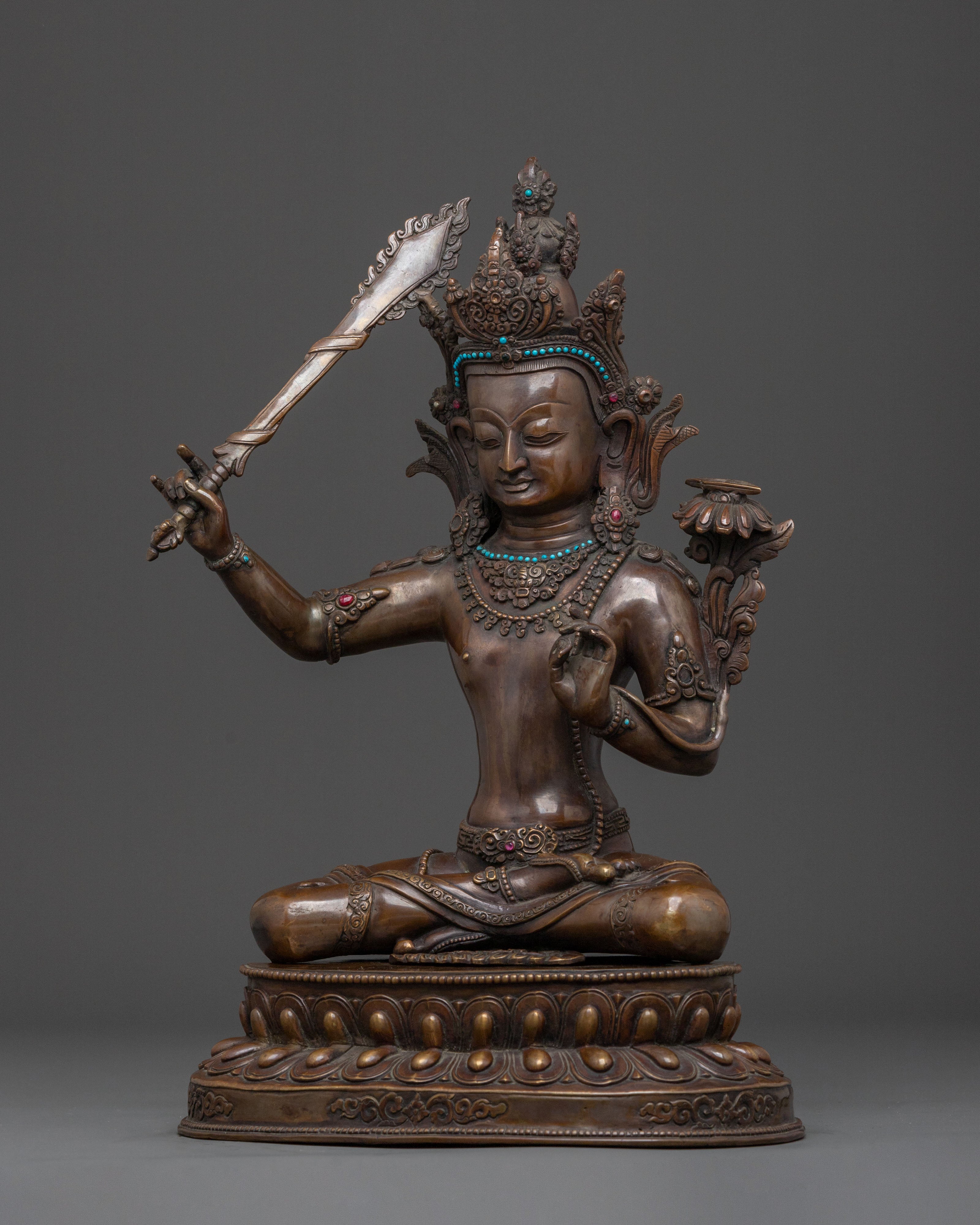 Wisdom Statue of Manjushri: Oxidized Copper Figurine