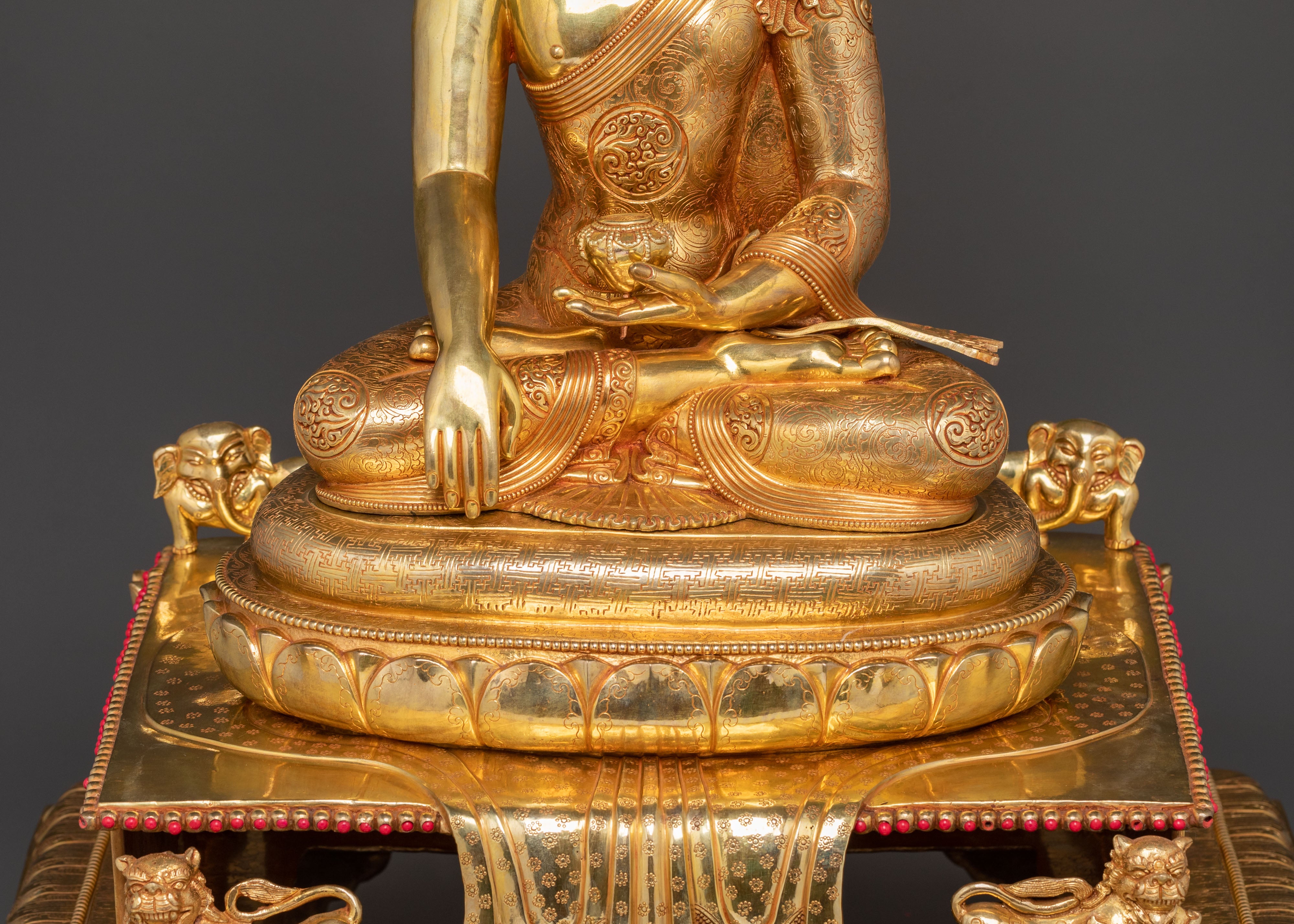 Sacred Statue of Shakyamuni Buddha in Throne – 24K Gold Gilded Artistry