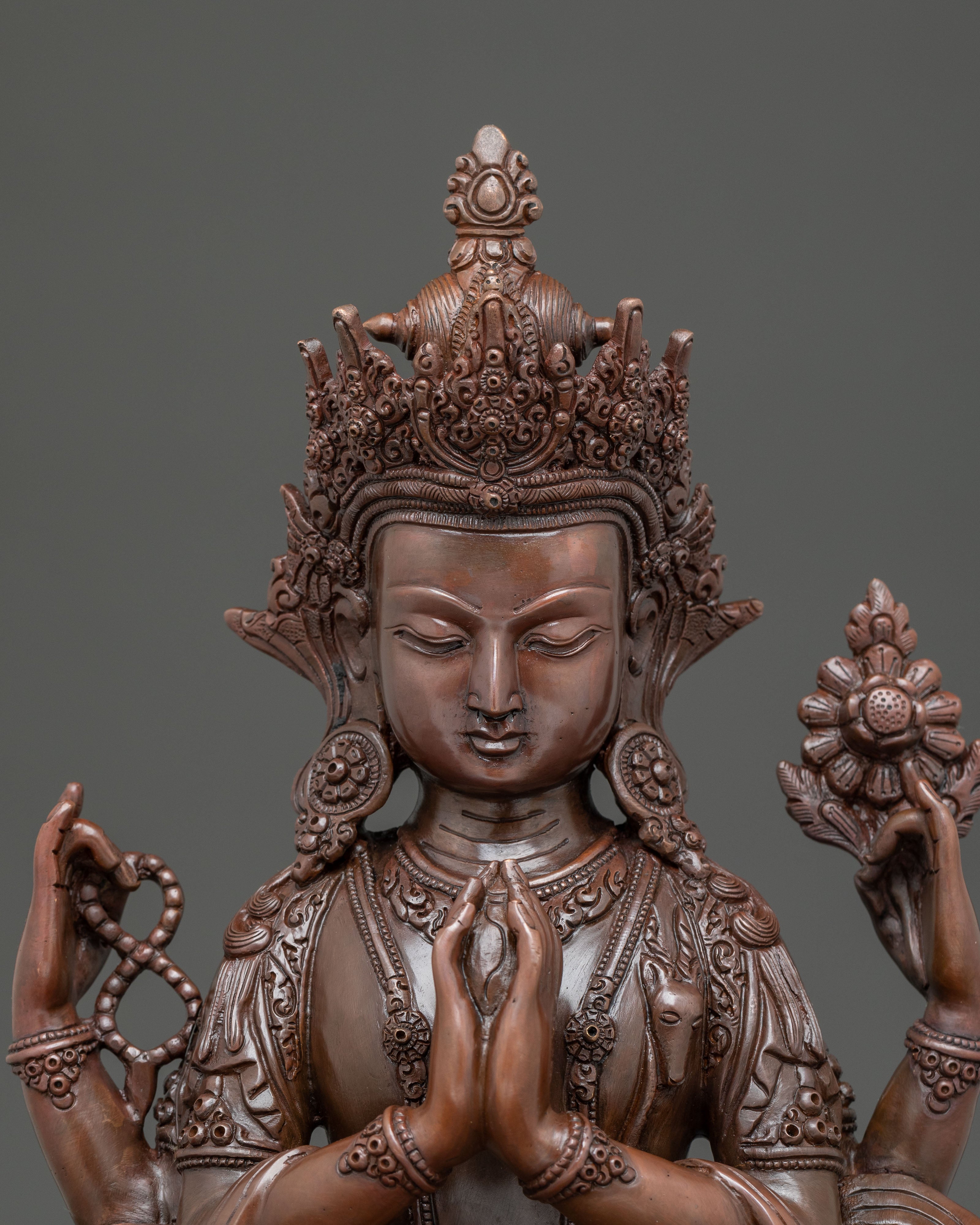 Oxidized Copper Four-Armed Chenrezig Statue | Bodhisattva of Compassion