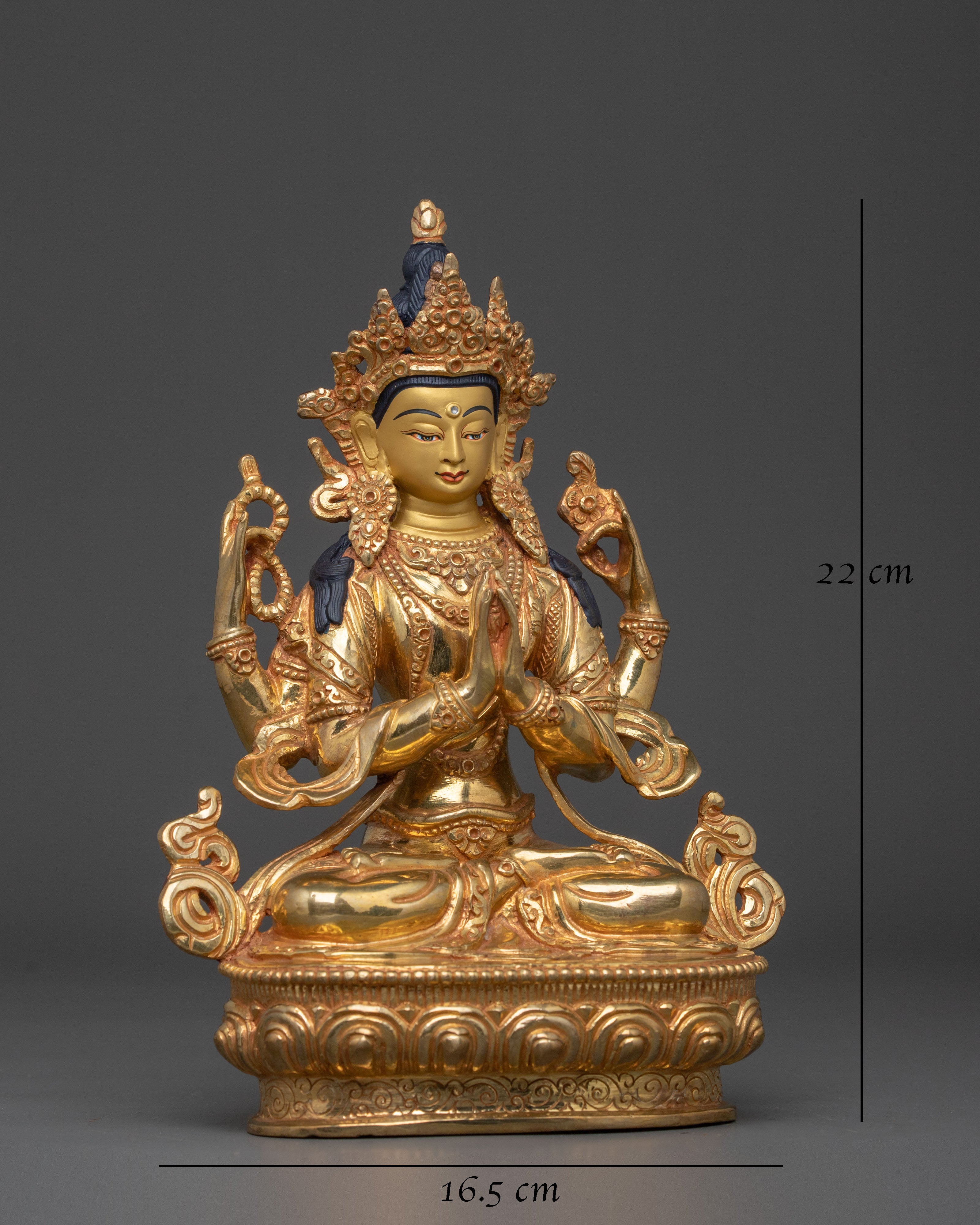 Handmade Four Armed Chenrezig Spiritual Sculpture: 24K Gold Gilded