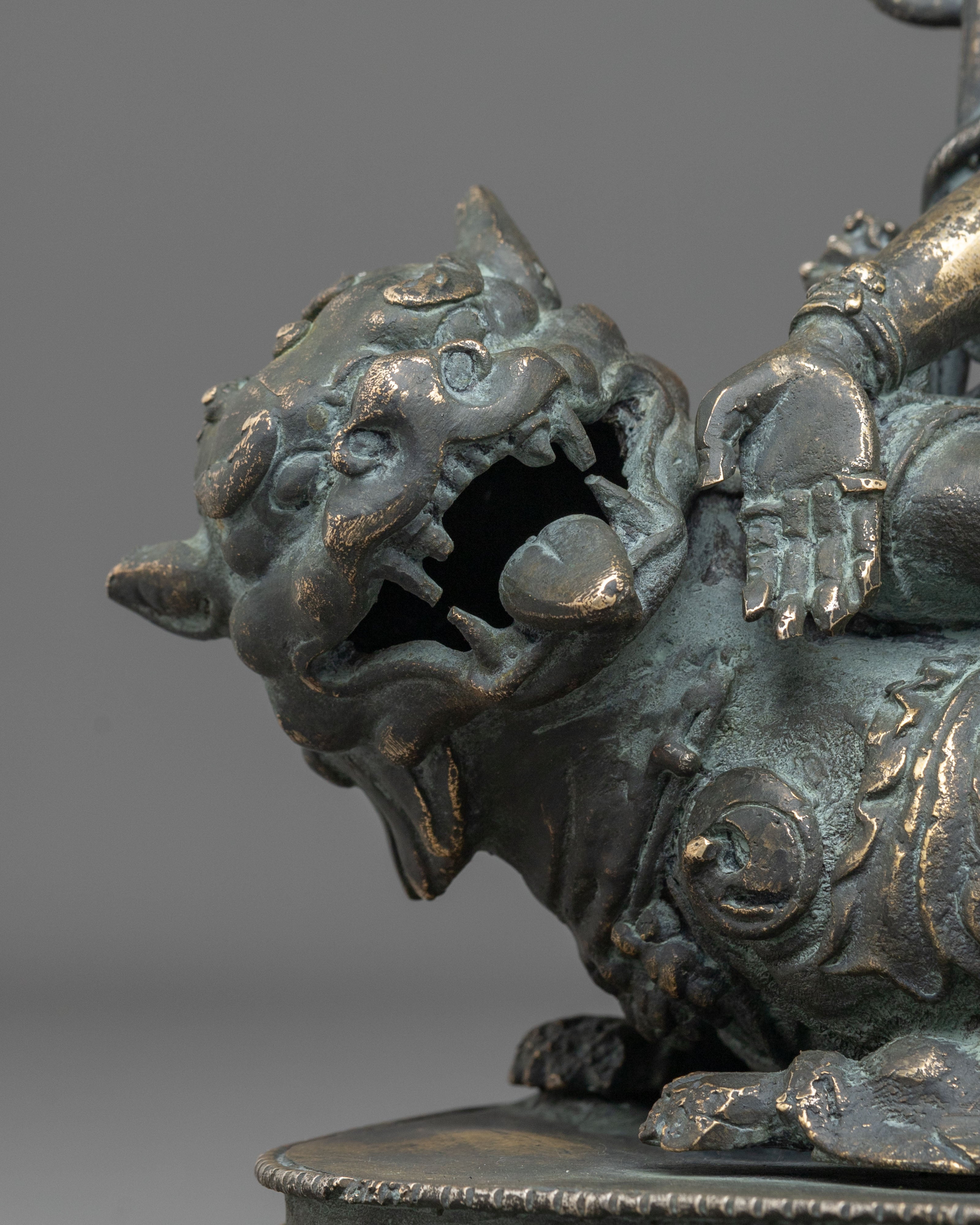 Simhanada Manjushri Copper Sculpture | Antique Finish