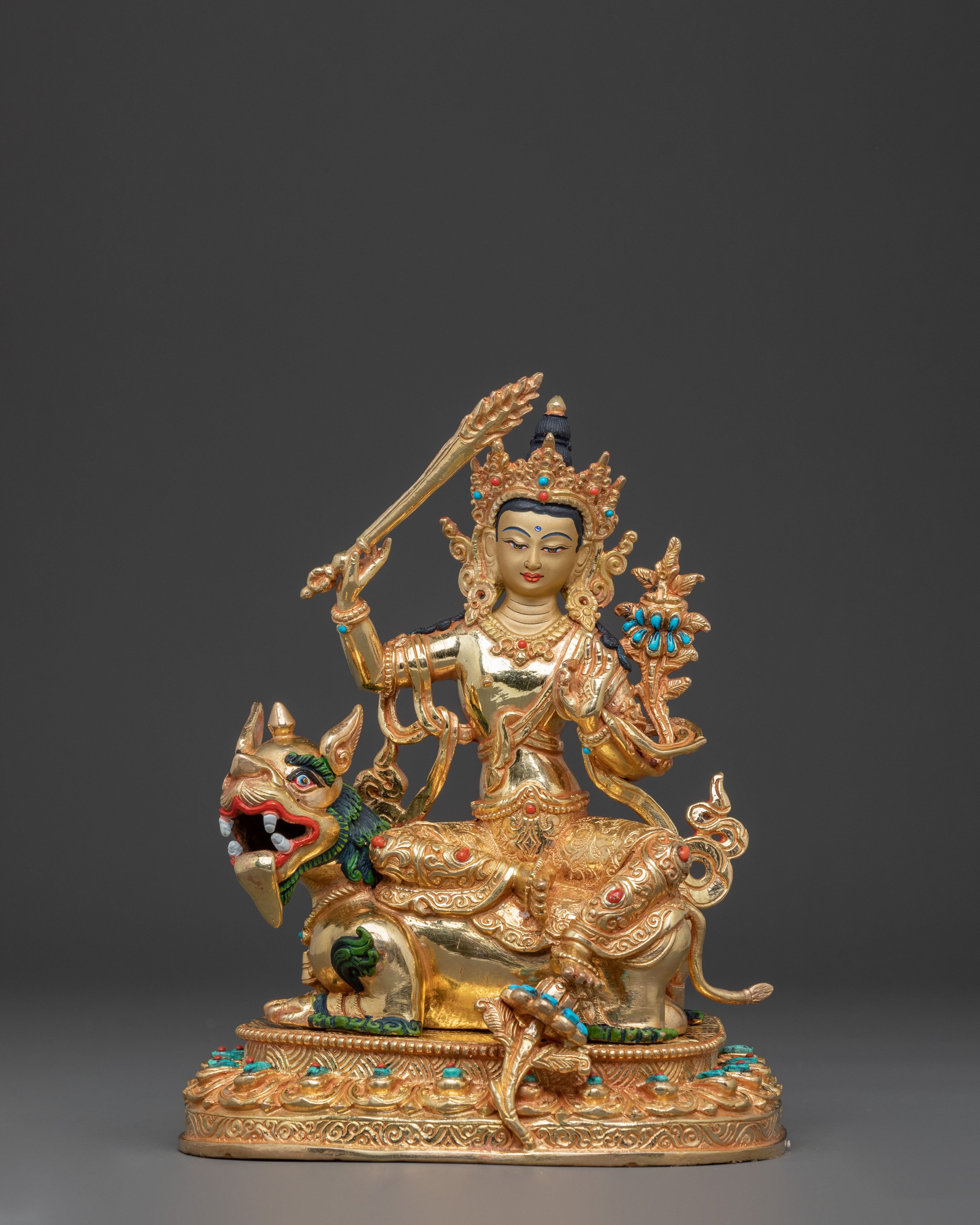 Simhanada Manjushri Wisdom Statue – Gold Gilded Copper Statue