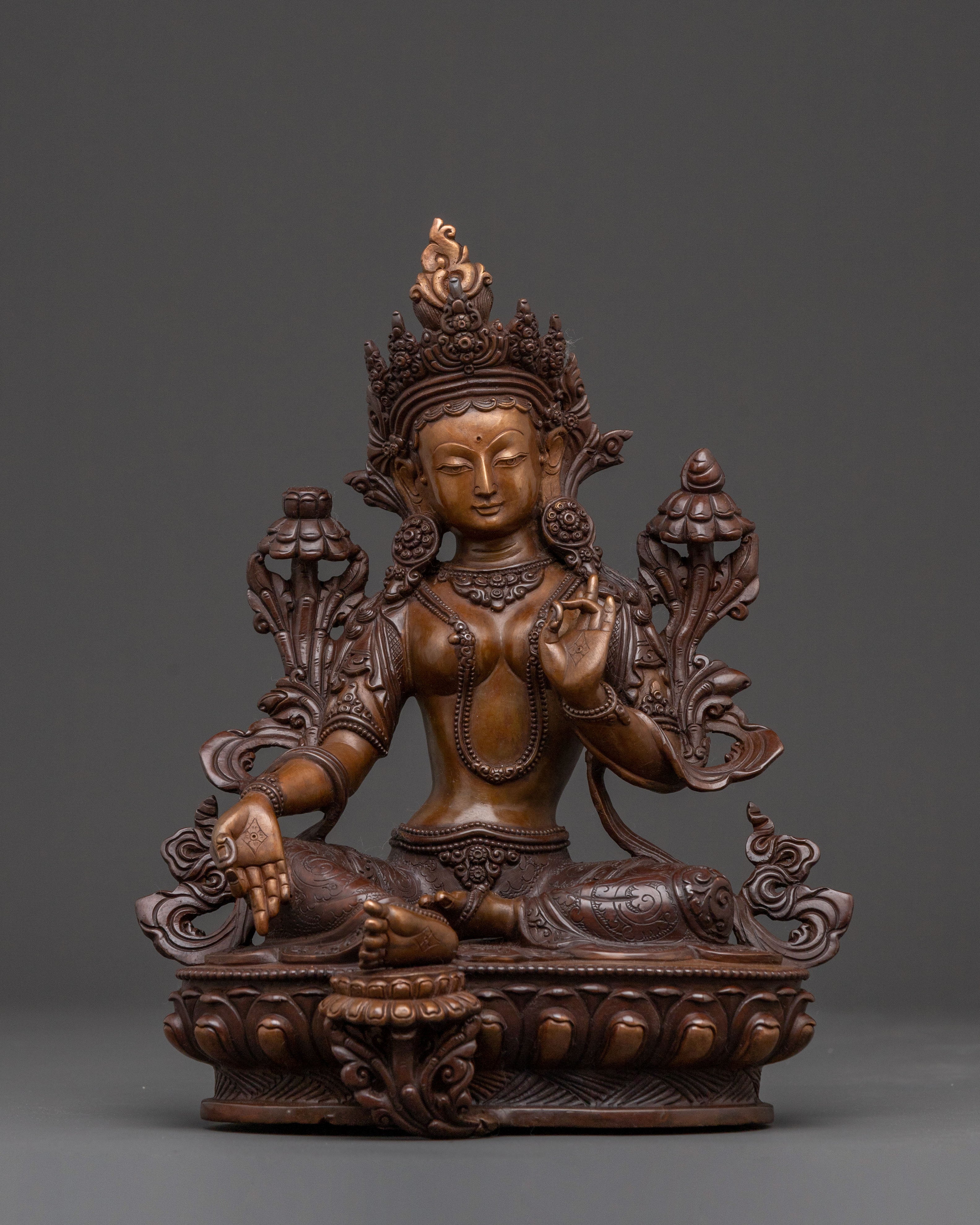 Green Tara Sacred Altar Statue: Oxidized Copper Serenity