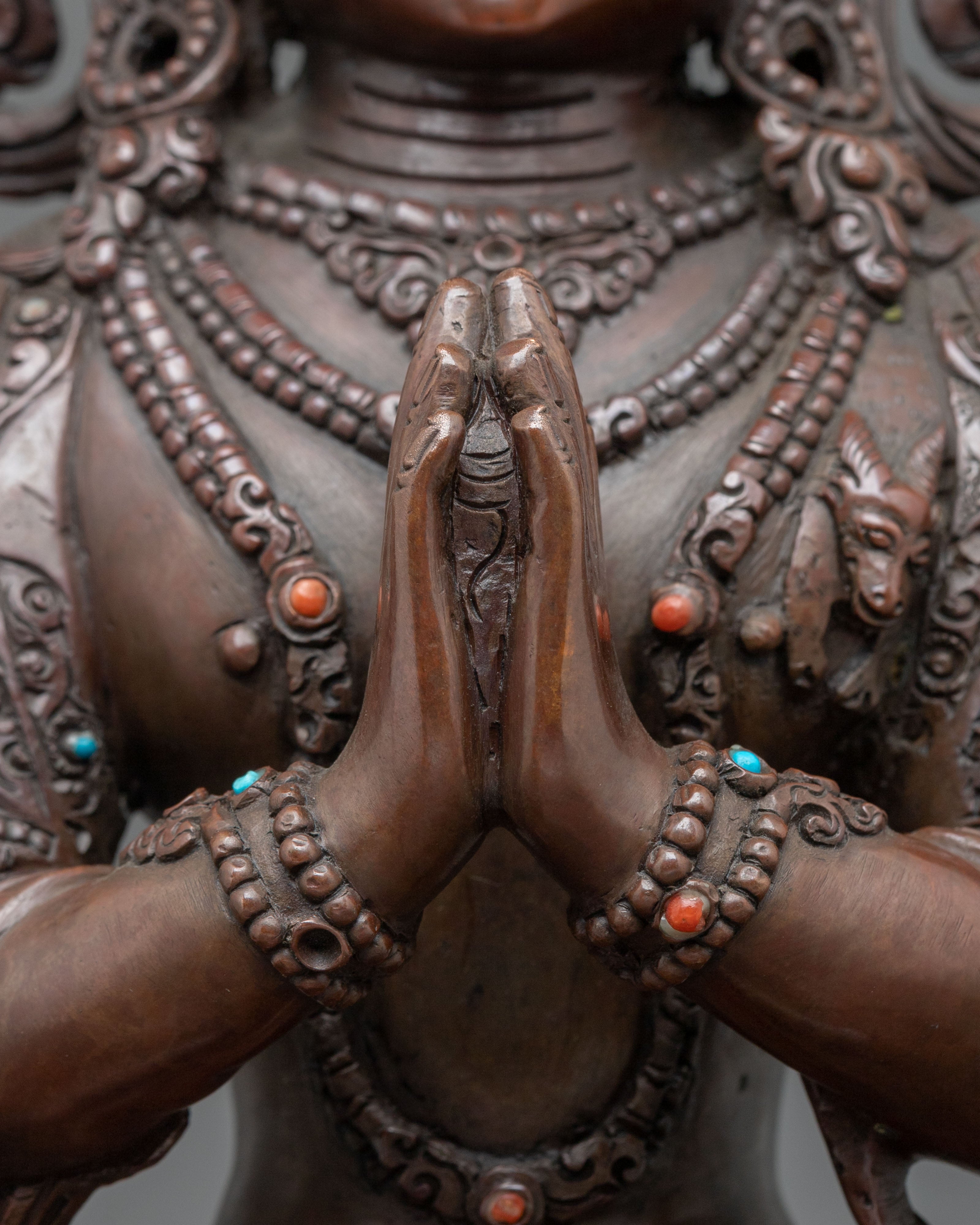 Chenrezig Oxidized Copper Statue Adorned with Gemstones
