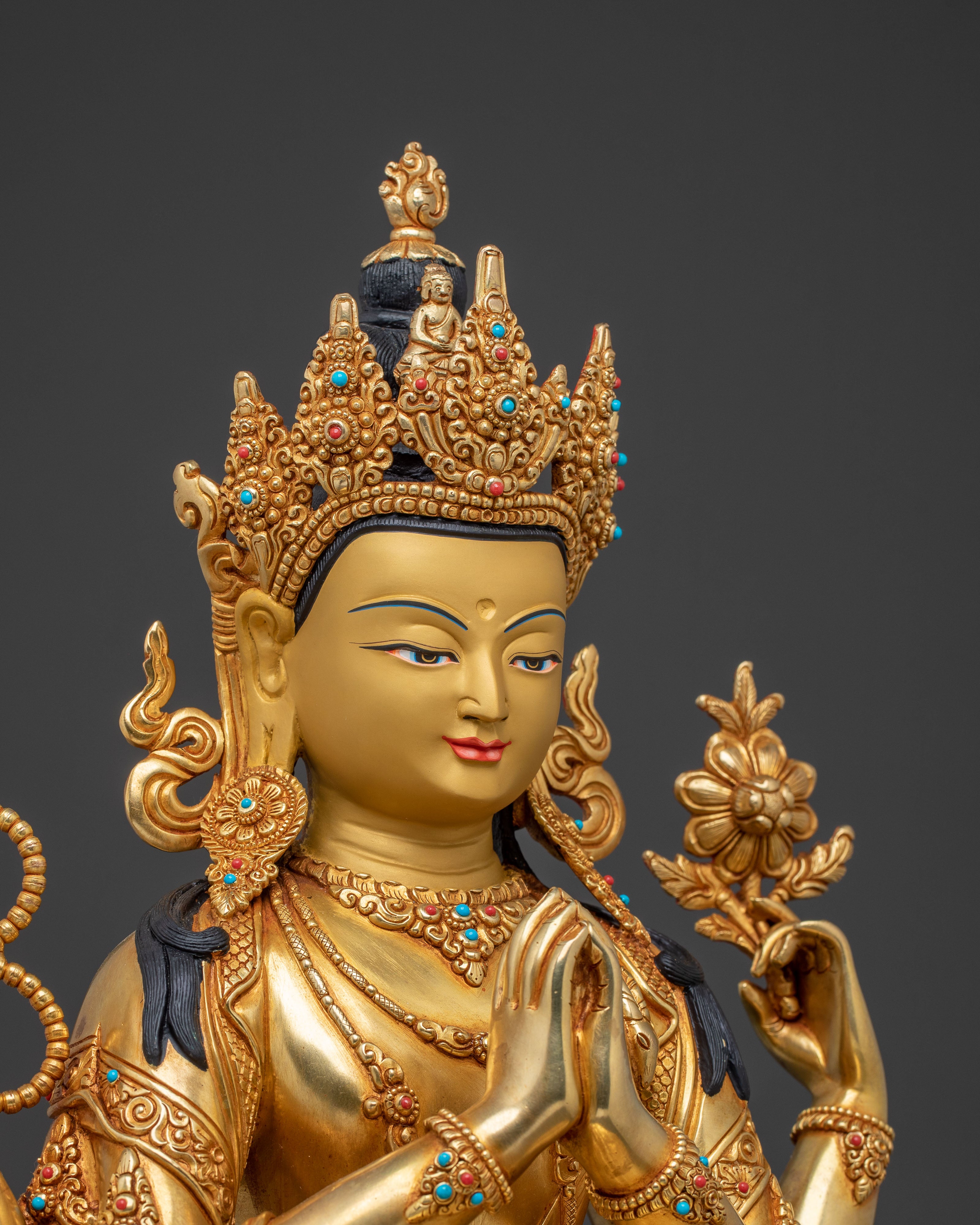 Chenrezig Handcrafted Golden Statue | Sacred Figure for Altar