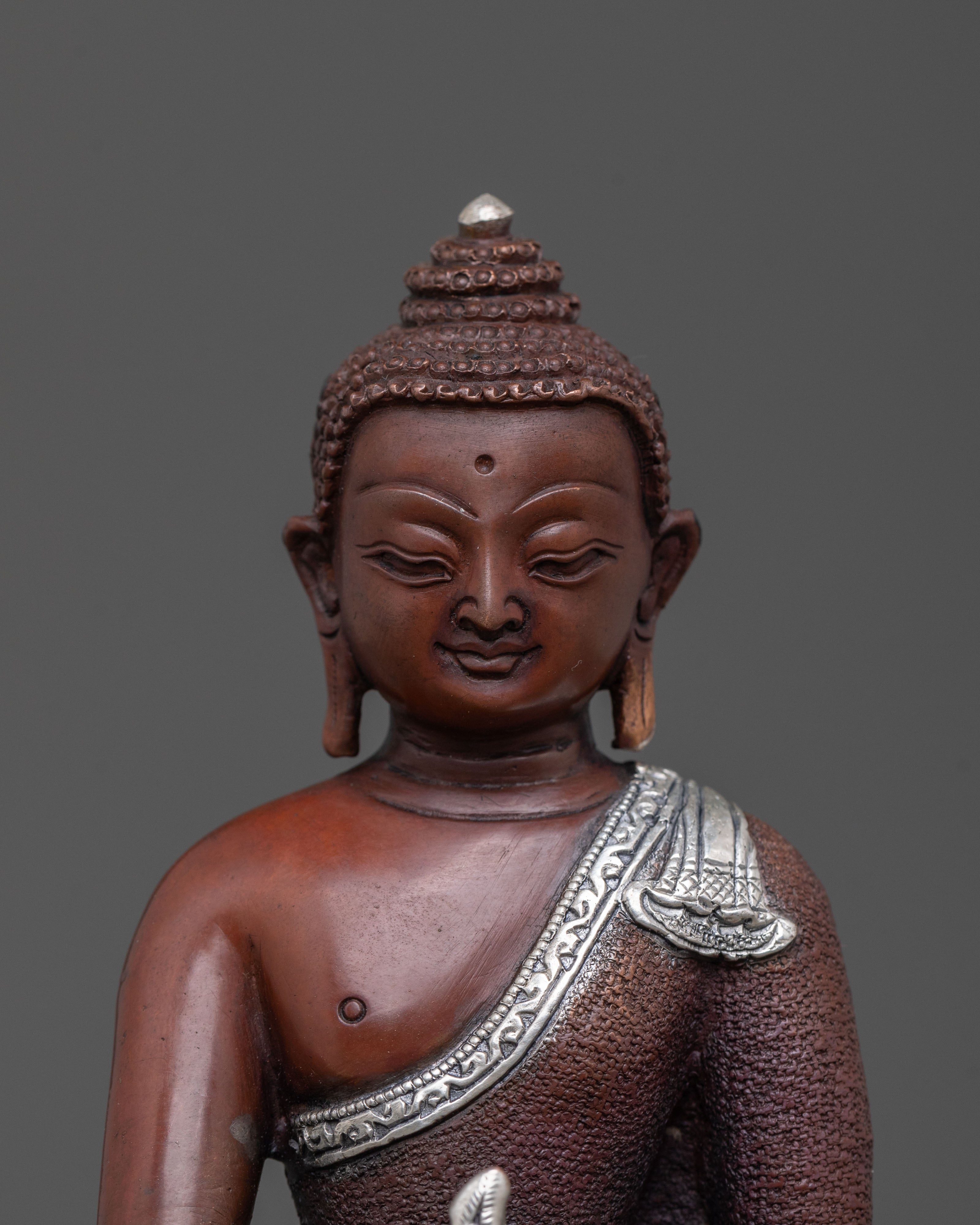 Healing Deity Medicine Buddha Statue in Silver and Oxidized Copper