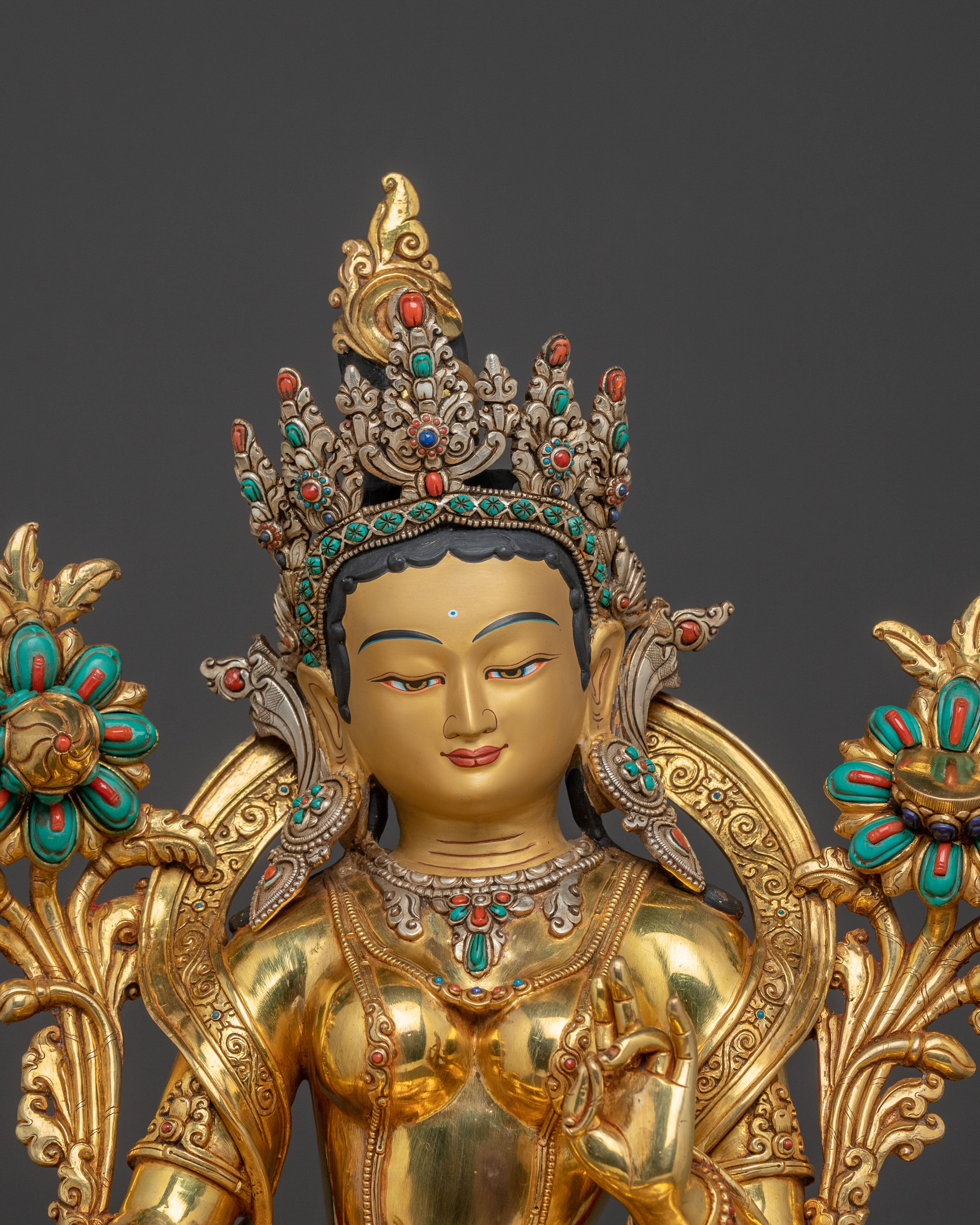 Green Tara Goddess Golden Statue - Triple Layer of 24K Gold Gilding