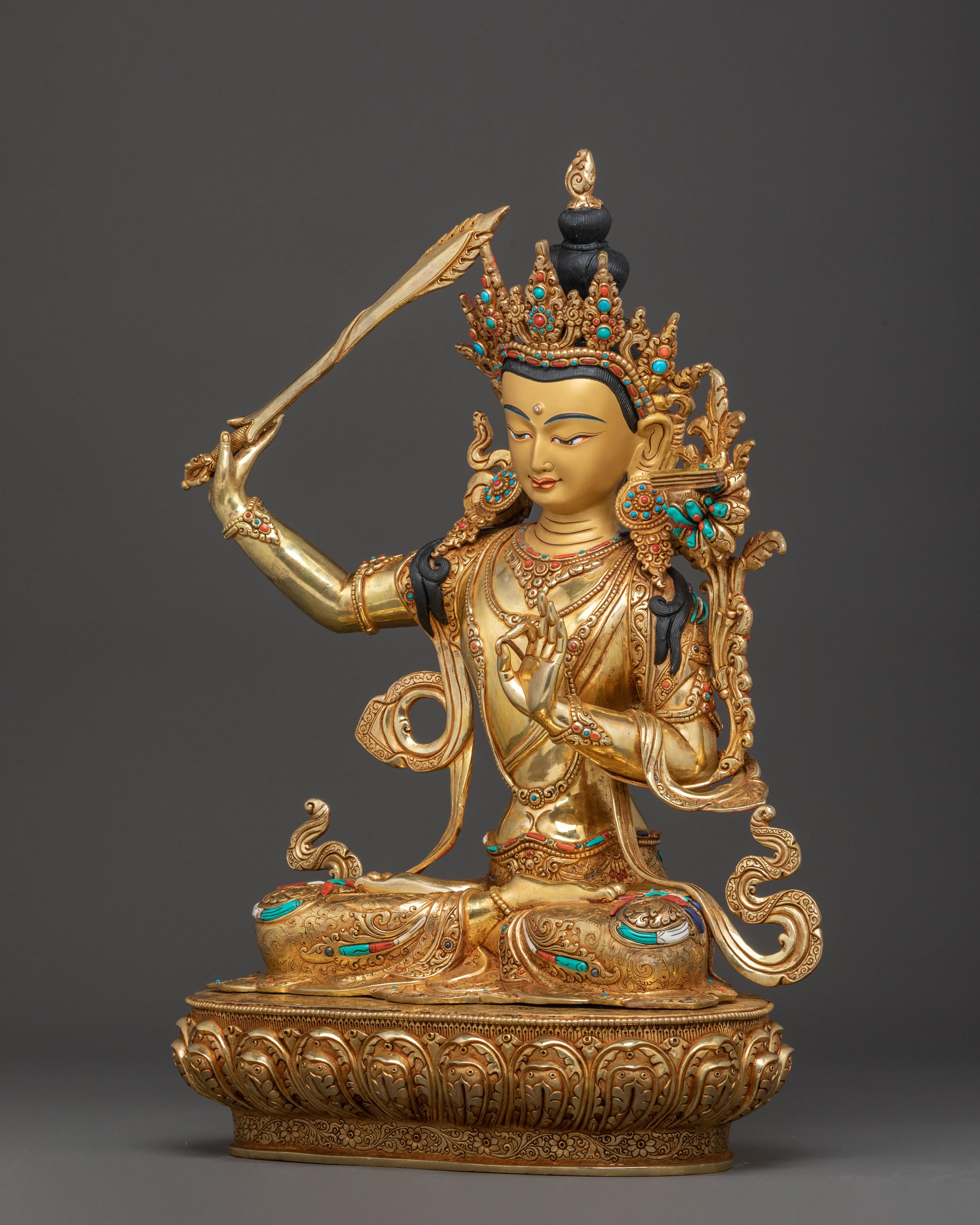 Handcrafted Wisdom Bodhisattva Manjushri Statue - 24K Gold Gilded Masterpiece
