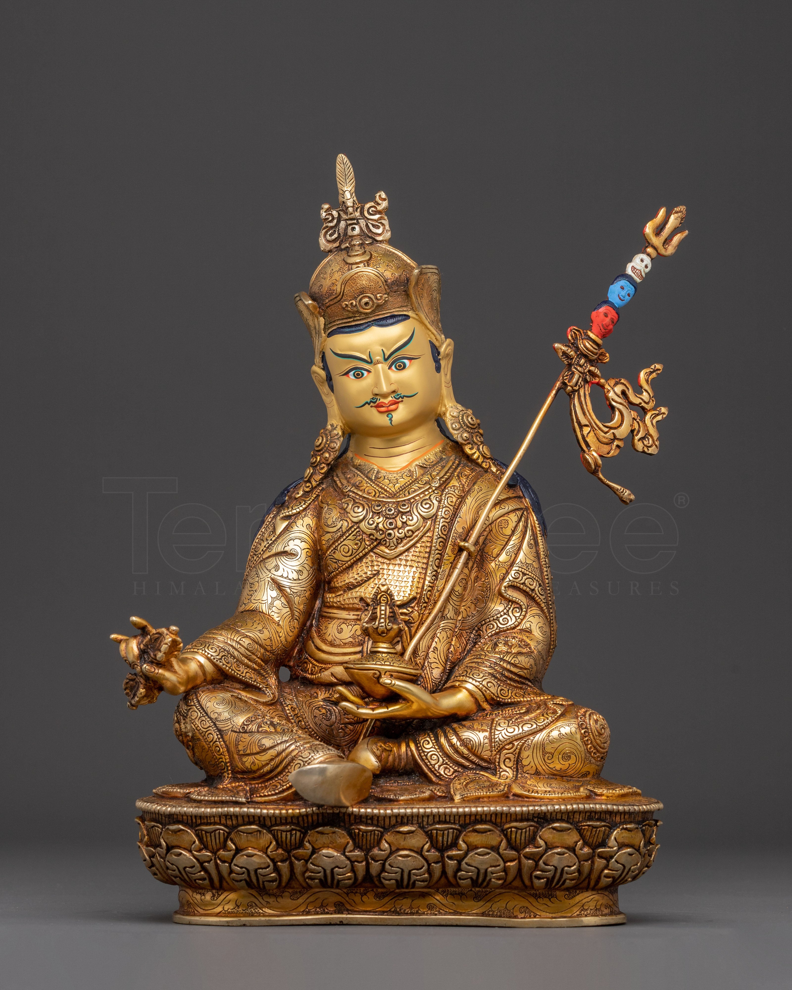 Tibetan Guru Rinpoche Buddhist Statue: 24K Gold Gilded Masterpiece