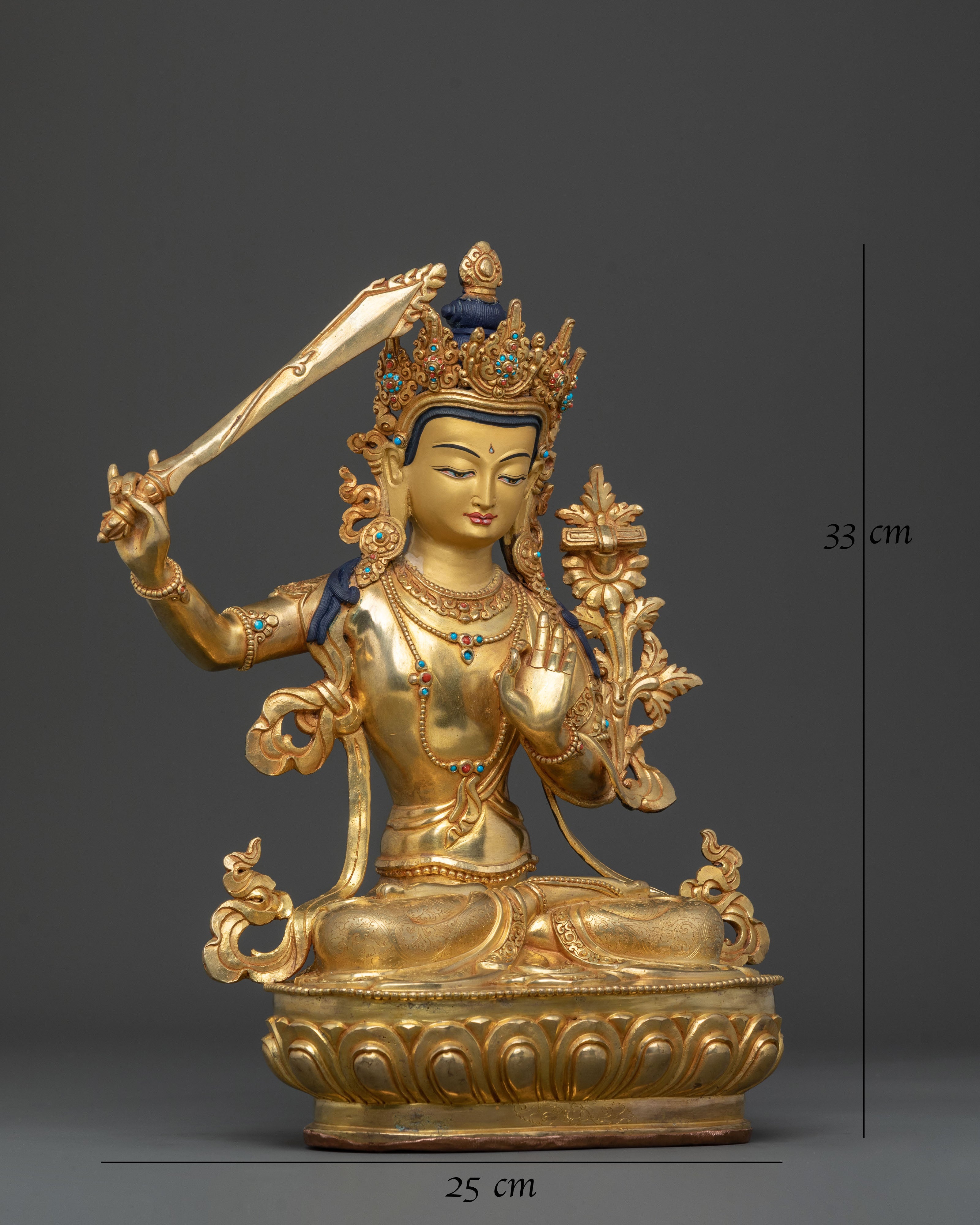 24K Gold Gilded Manjushri Sculpture: Sword of Wisdom