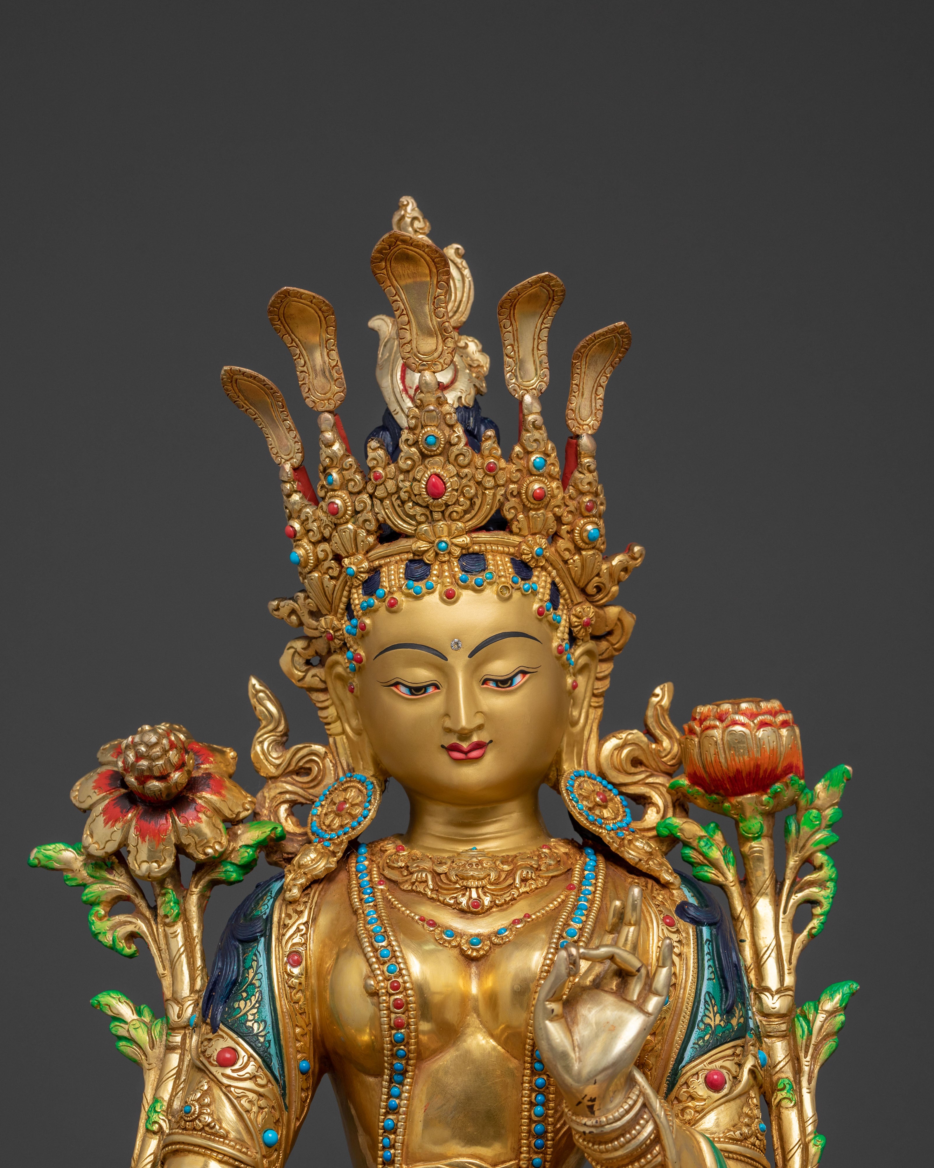 Green Tara Sculpture on Throne | Goddess of Compassion