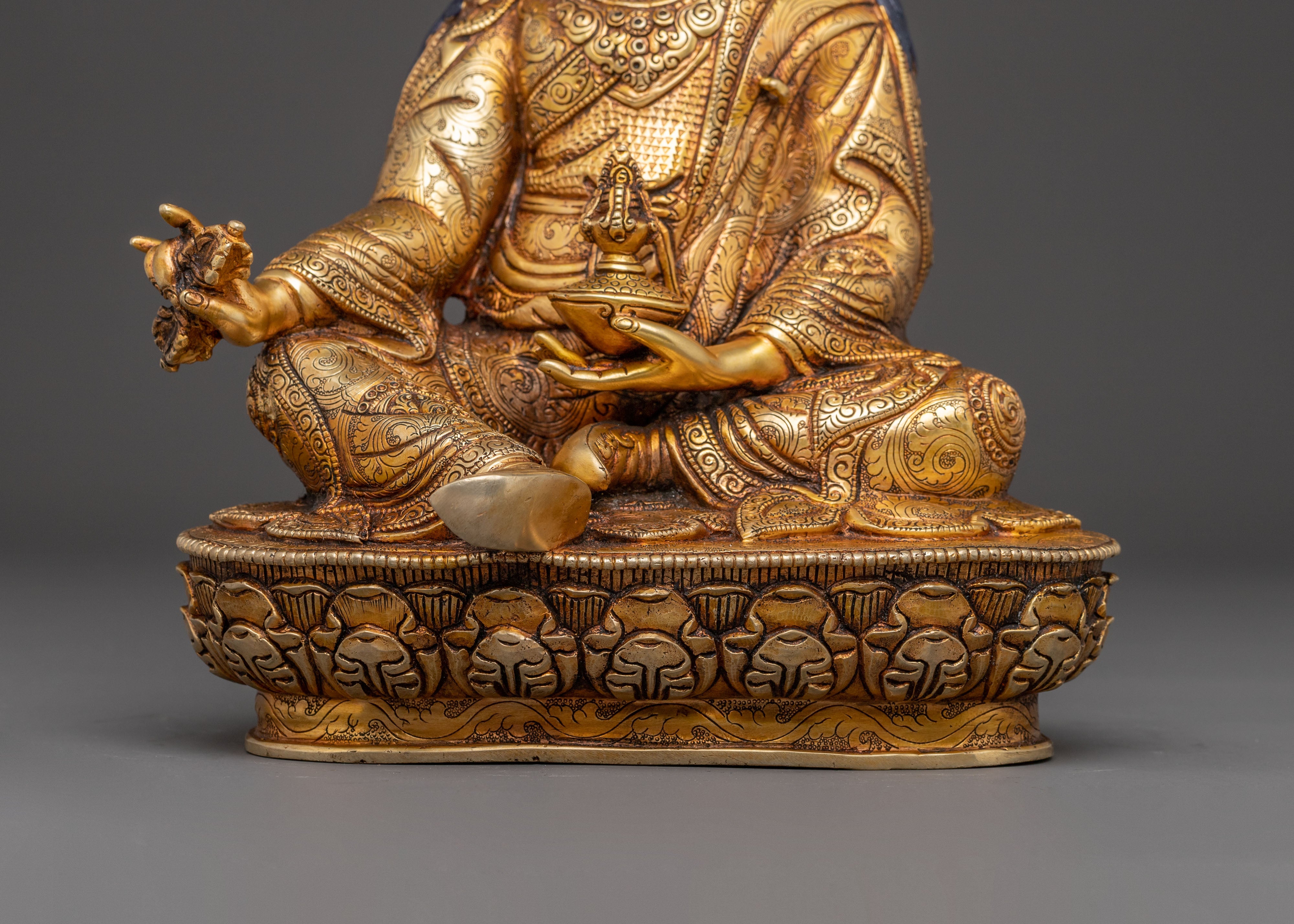 Tibetan Guru Rinpoche Buddhist Statue: 24K Gold Gilded Masterpiece