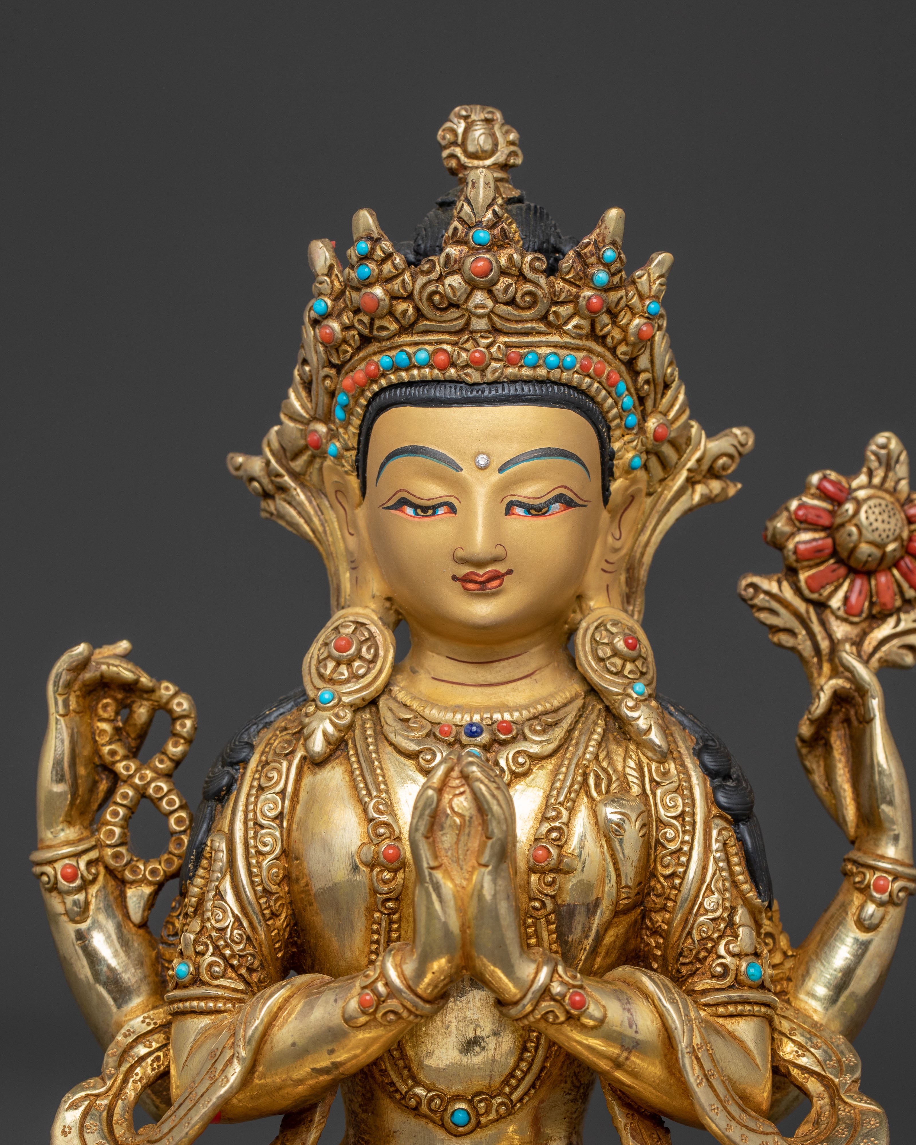 24k Gold Gilded and Copper Chenrezig Statue – Divine Compassion