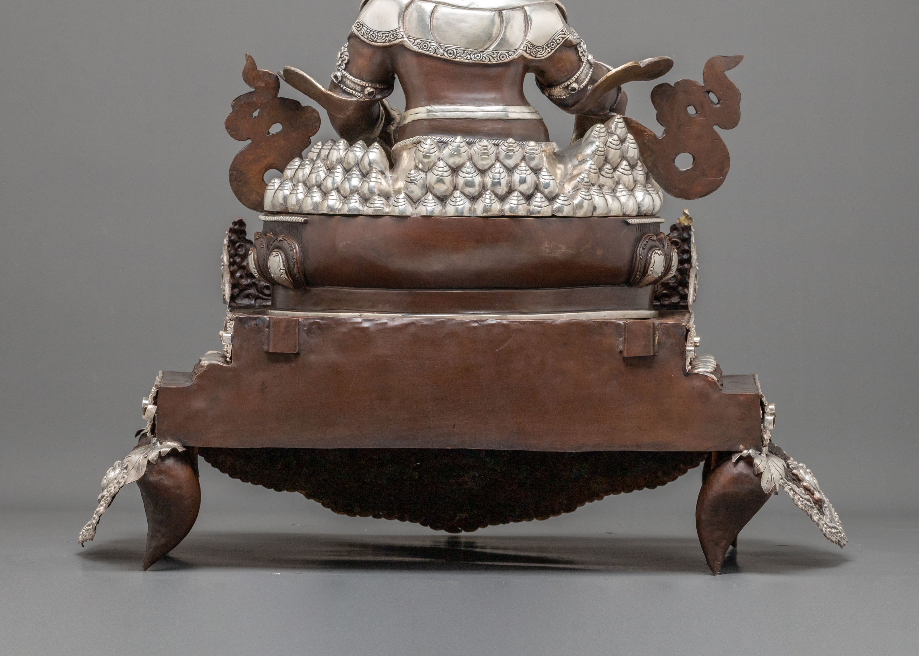 Dzambhala Statue on Throne | Oxidized Copper Figurine with Silver Plating