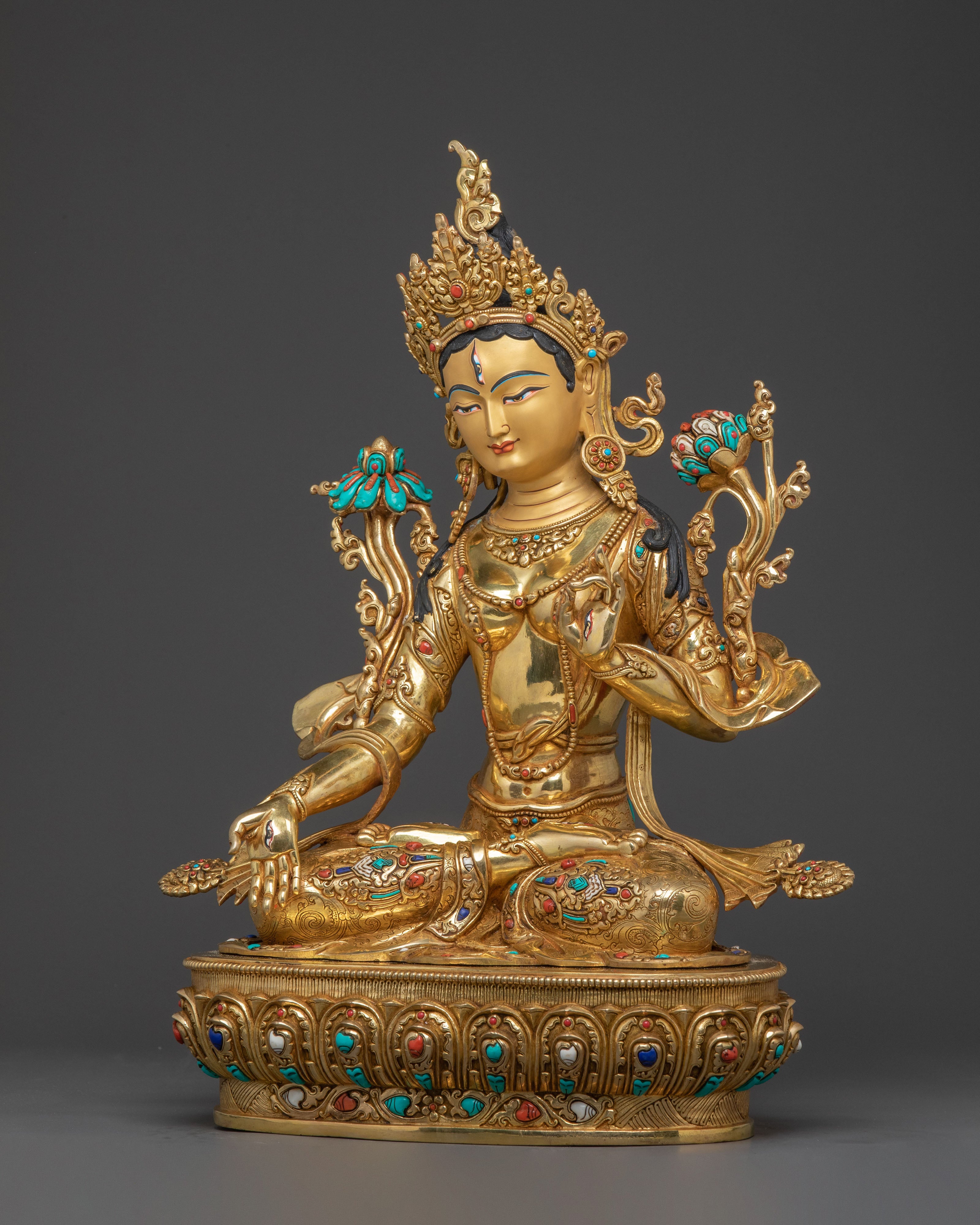 Longevity Blessing White Tara Sculpture: Hand-Gilded Copper Artistry