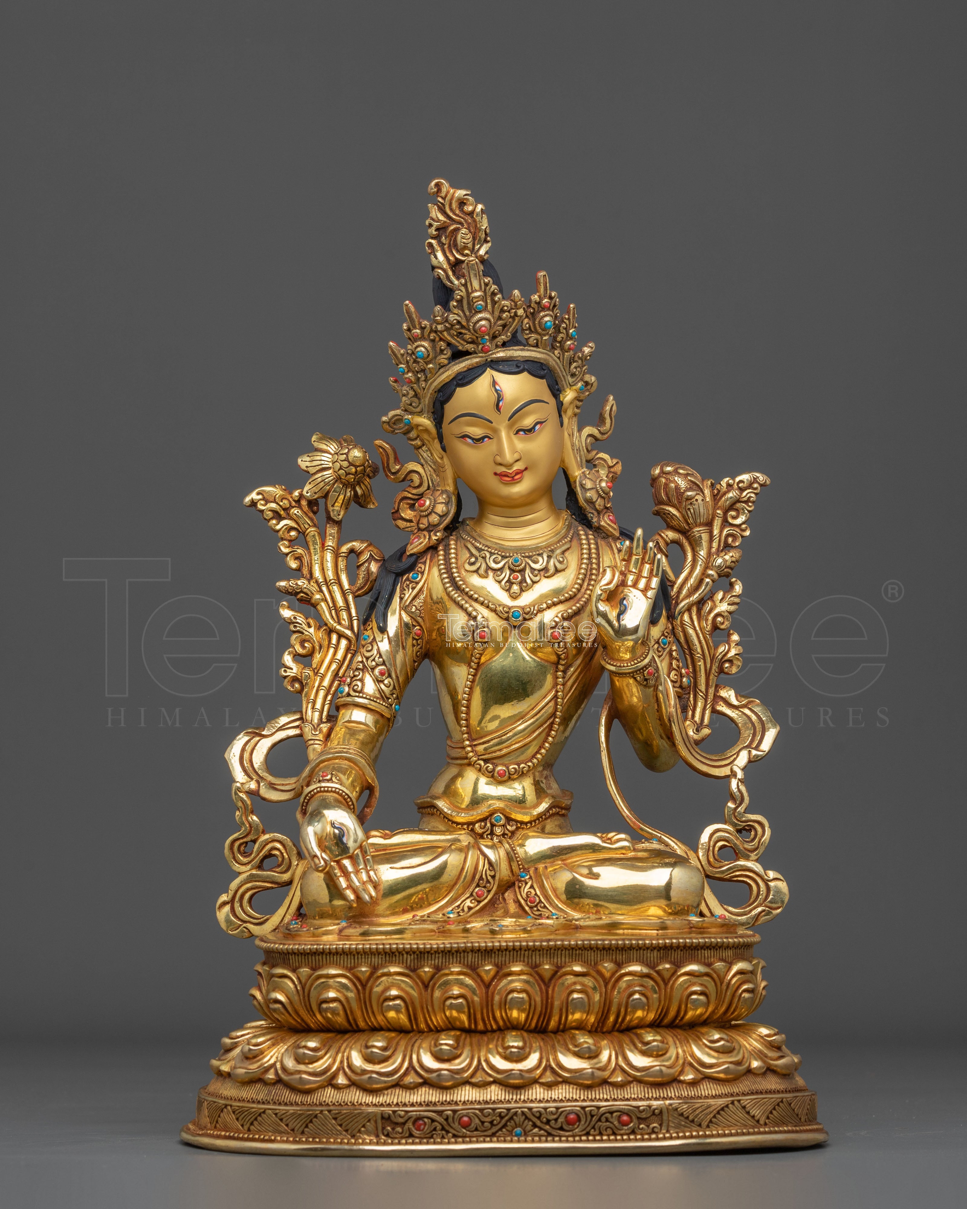 White Tara Longevity Meditation Shrine Sculpture: 24K Gold Gilded