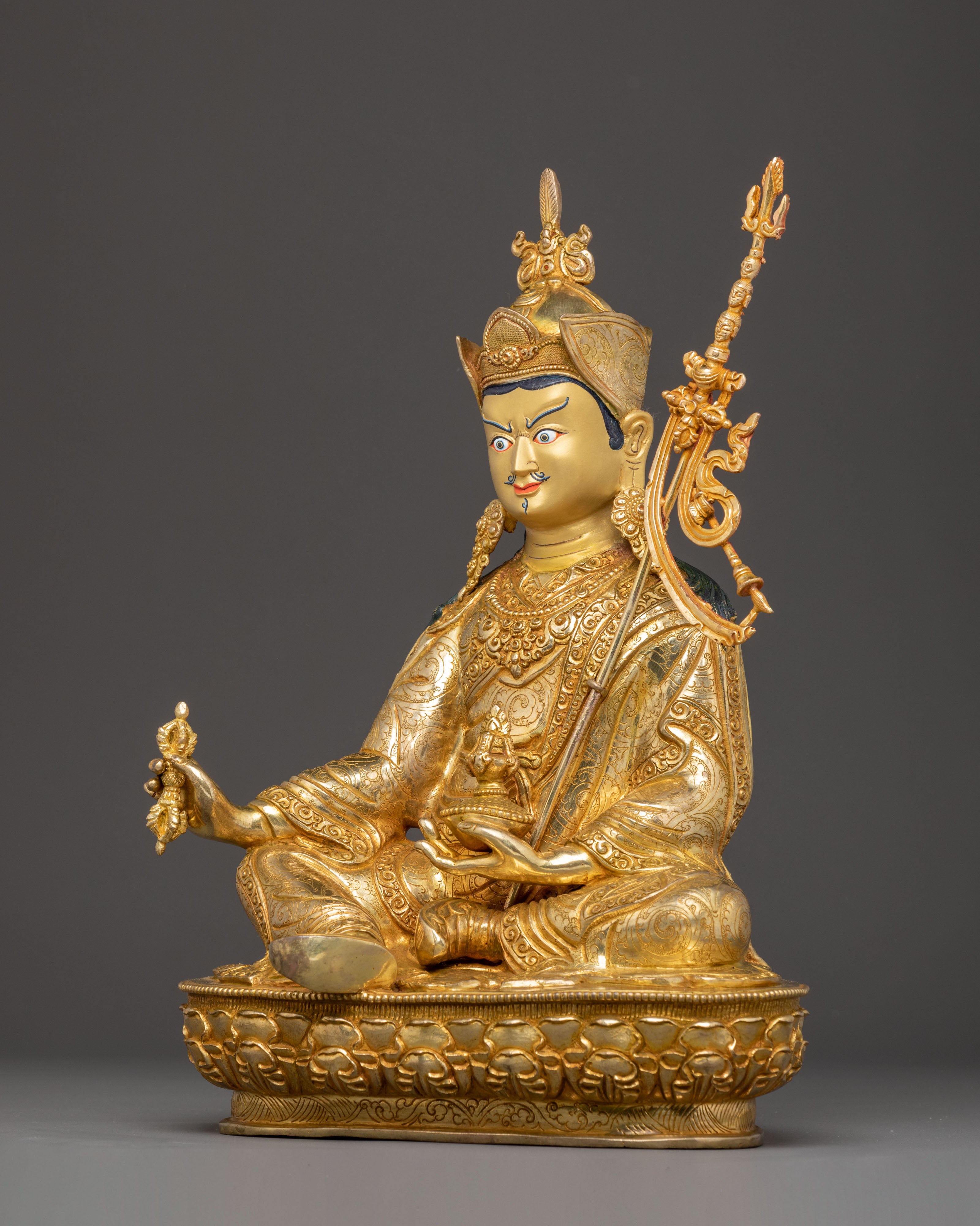 Golden Guru Rinpoche Handcrafted Statue | Tibetan Buddhist Art
