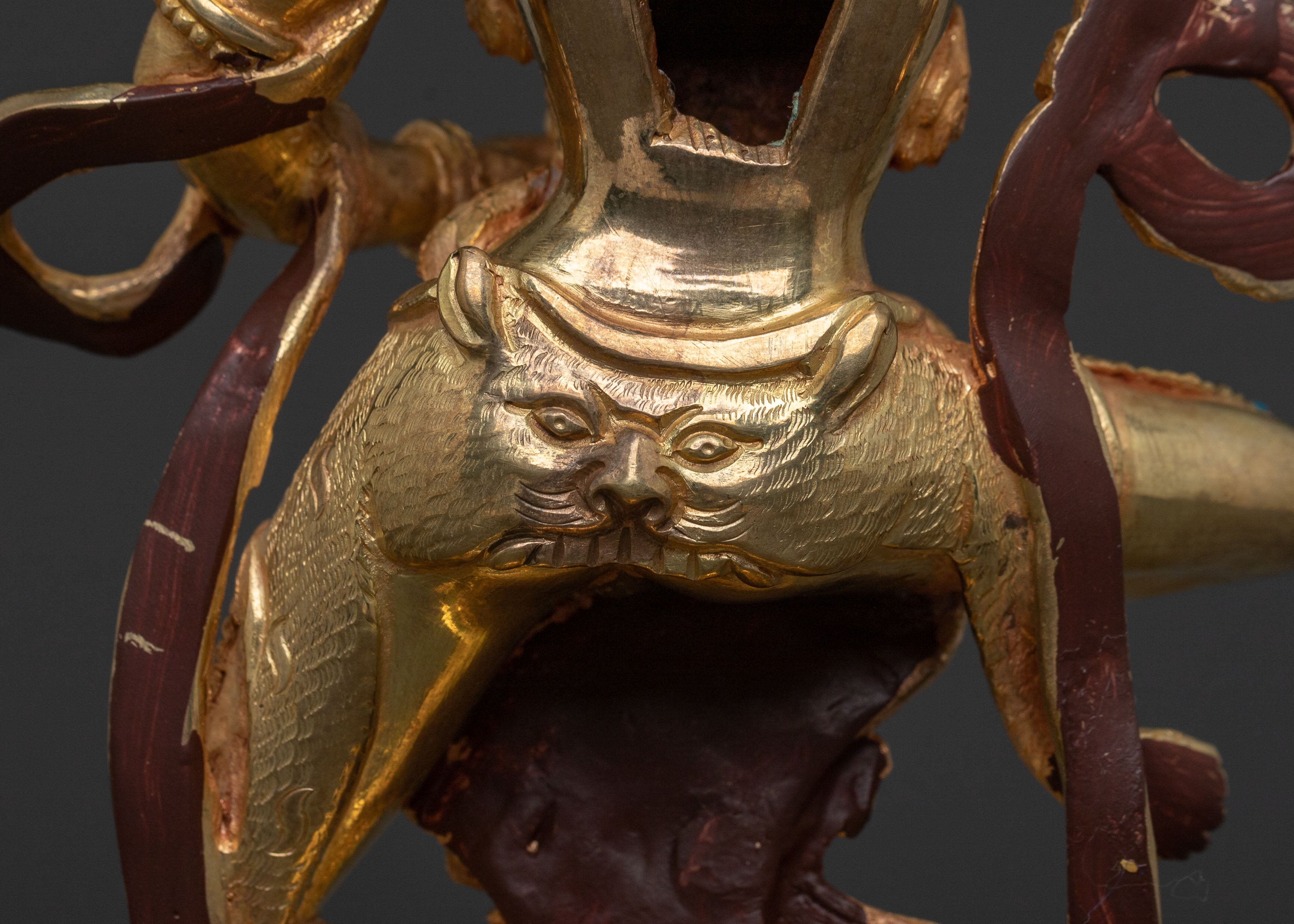 Simhamukha Figure of Power: Hand-Gilded Copper