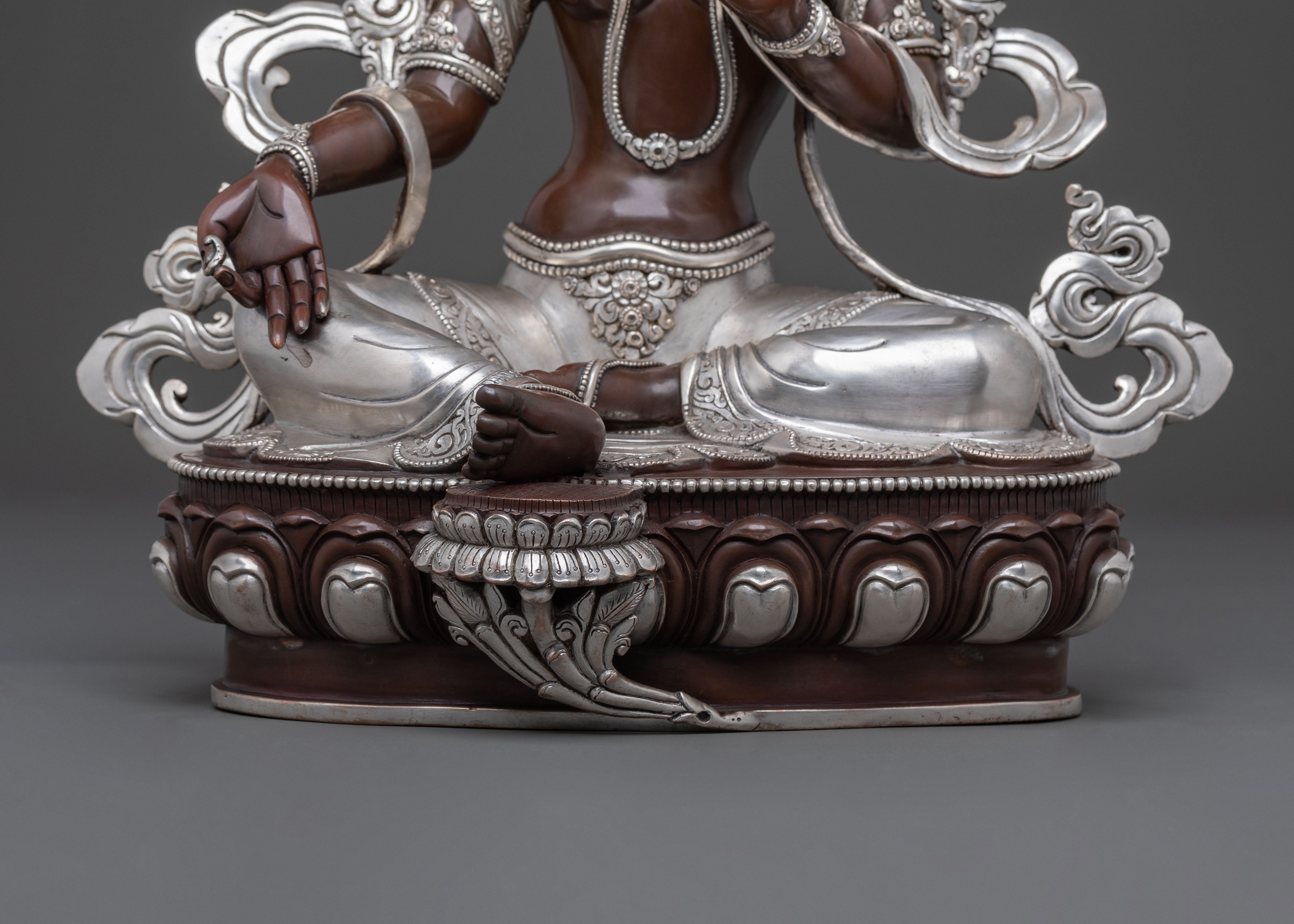 Green Tara: Oxidized Copper Statue with Silver Plated