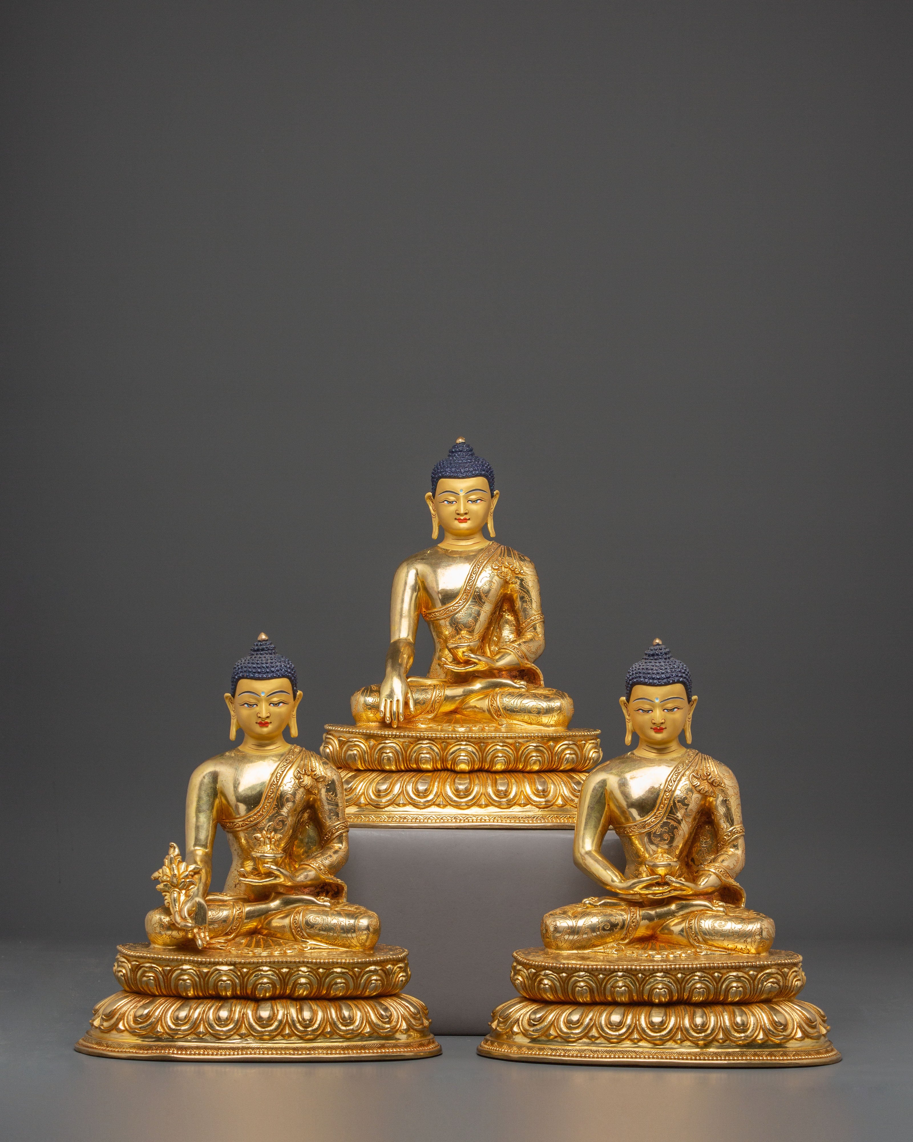 Handmade Three Buddha Golden Statue Set | Buddha Trinity Artwork