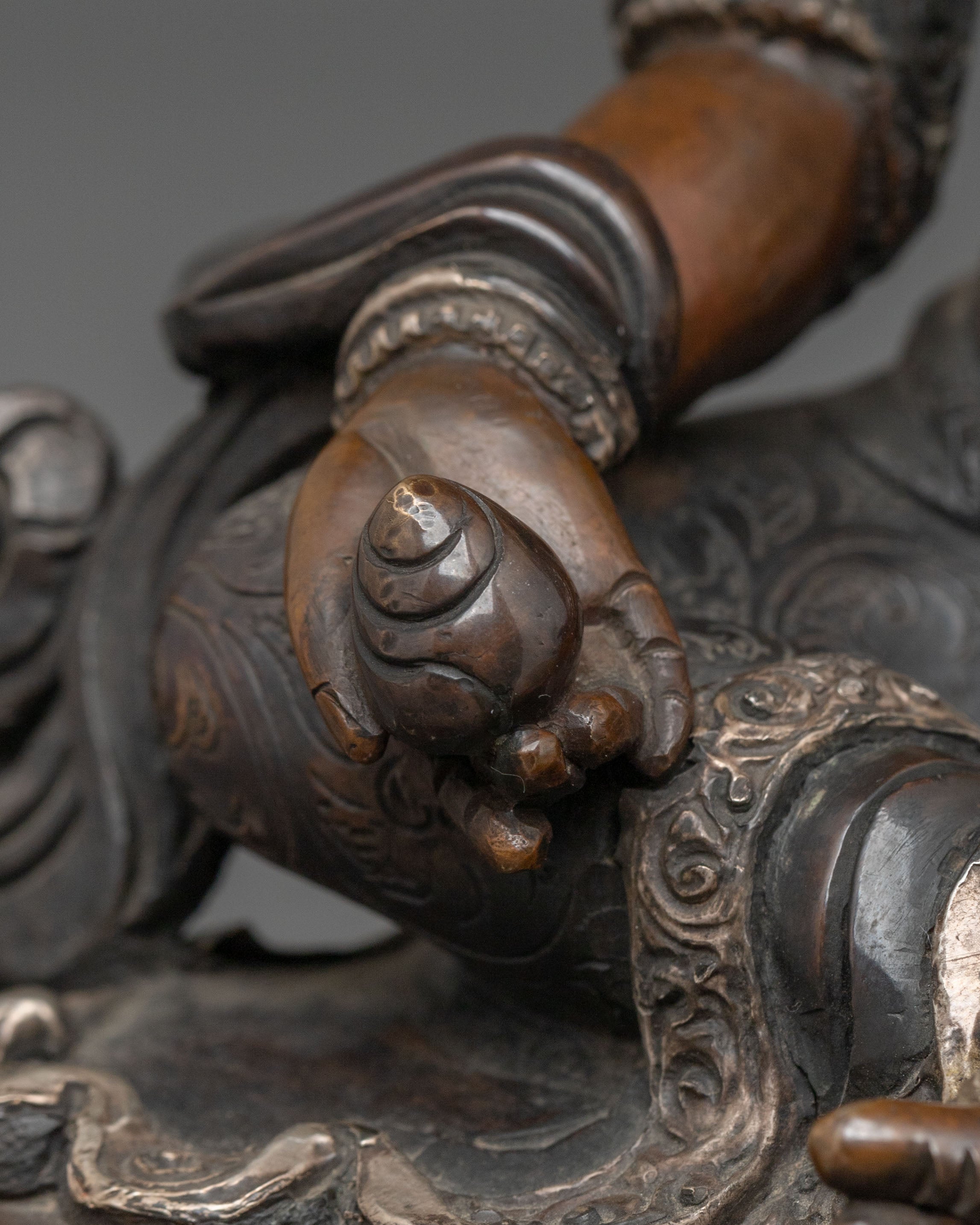 Dzambhala Statue in Oxidized Copper with Silver Plating