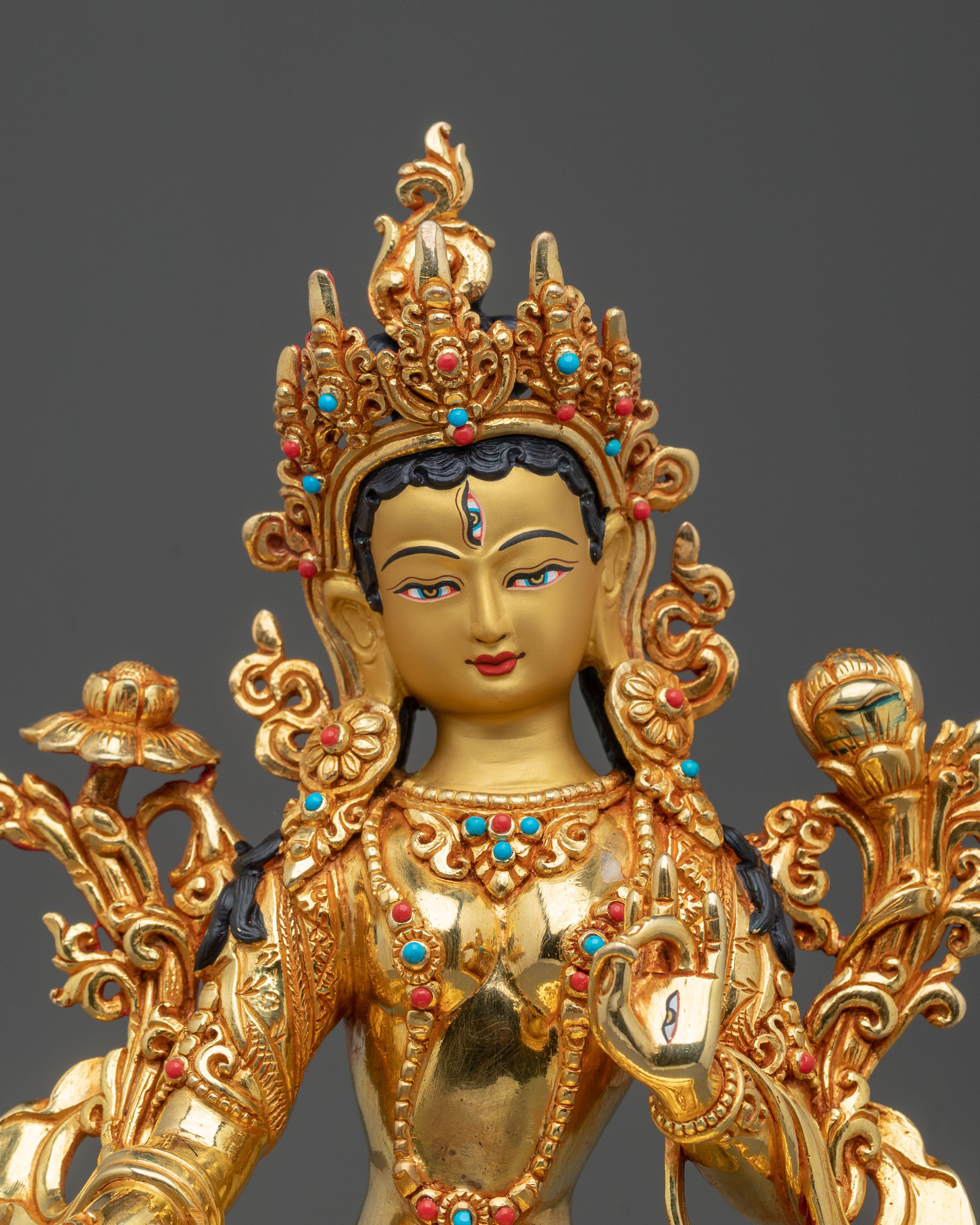 Tibetan White Tara Goddess Sculpture | 24K Gilded Serenity
