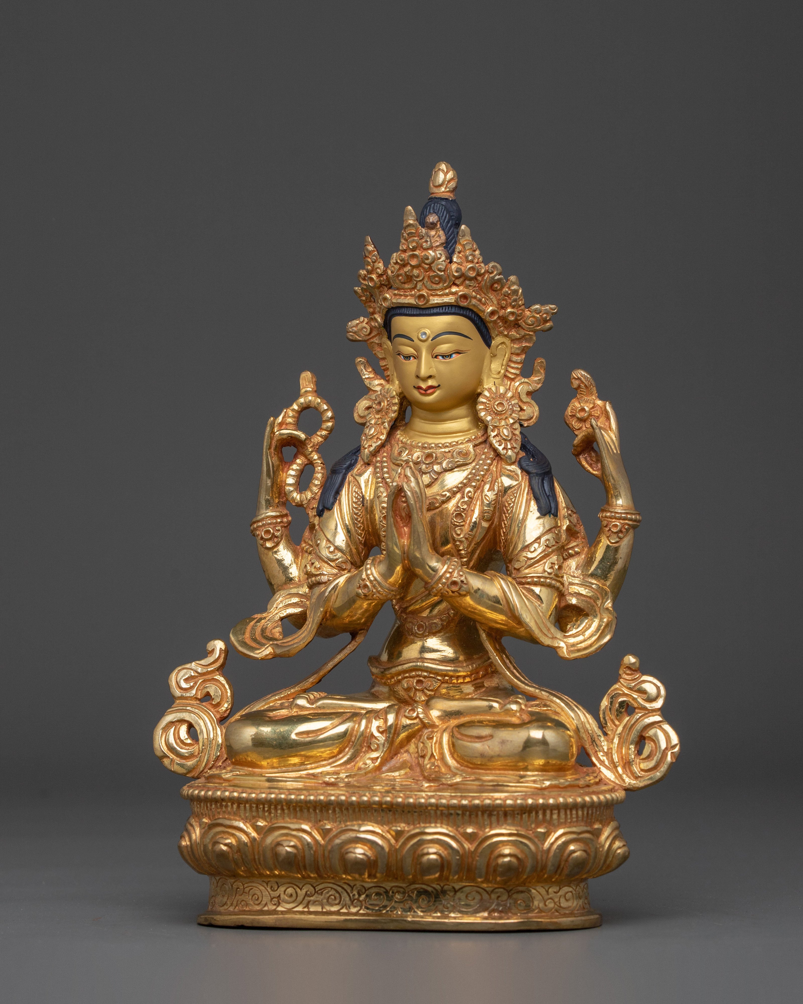 Handmade Four Armed Chenrezig Spiritual Sculpture: 24K Gold Gilded