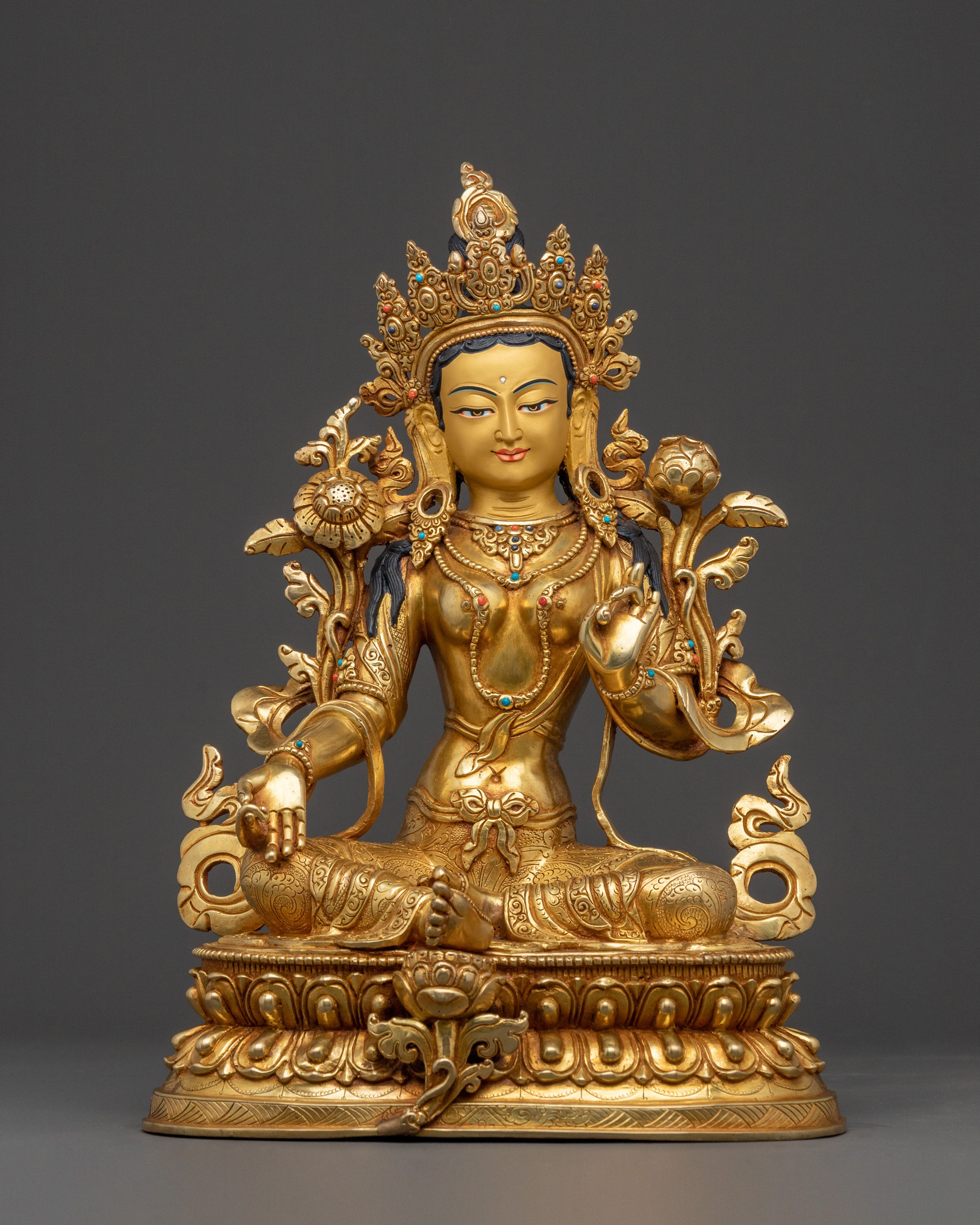 Green Tara Enlightened Mother Statue - 24K Gold Gilded