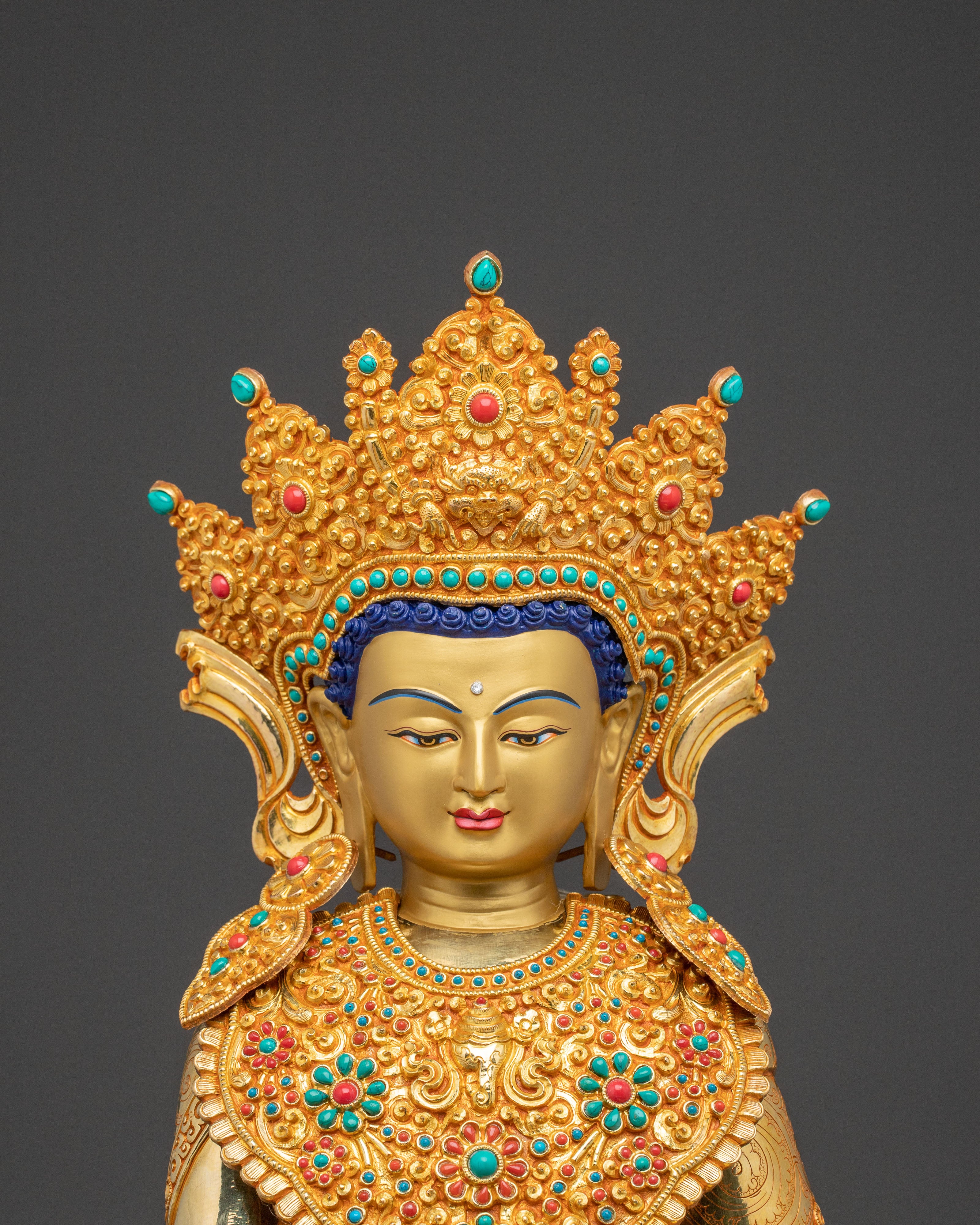 24k Gold Gilded Shakyamuni Buddha Statue with Crown