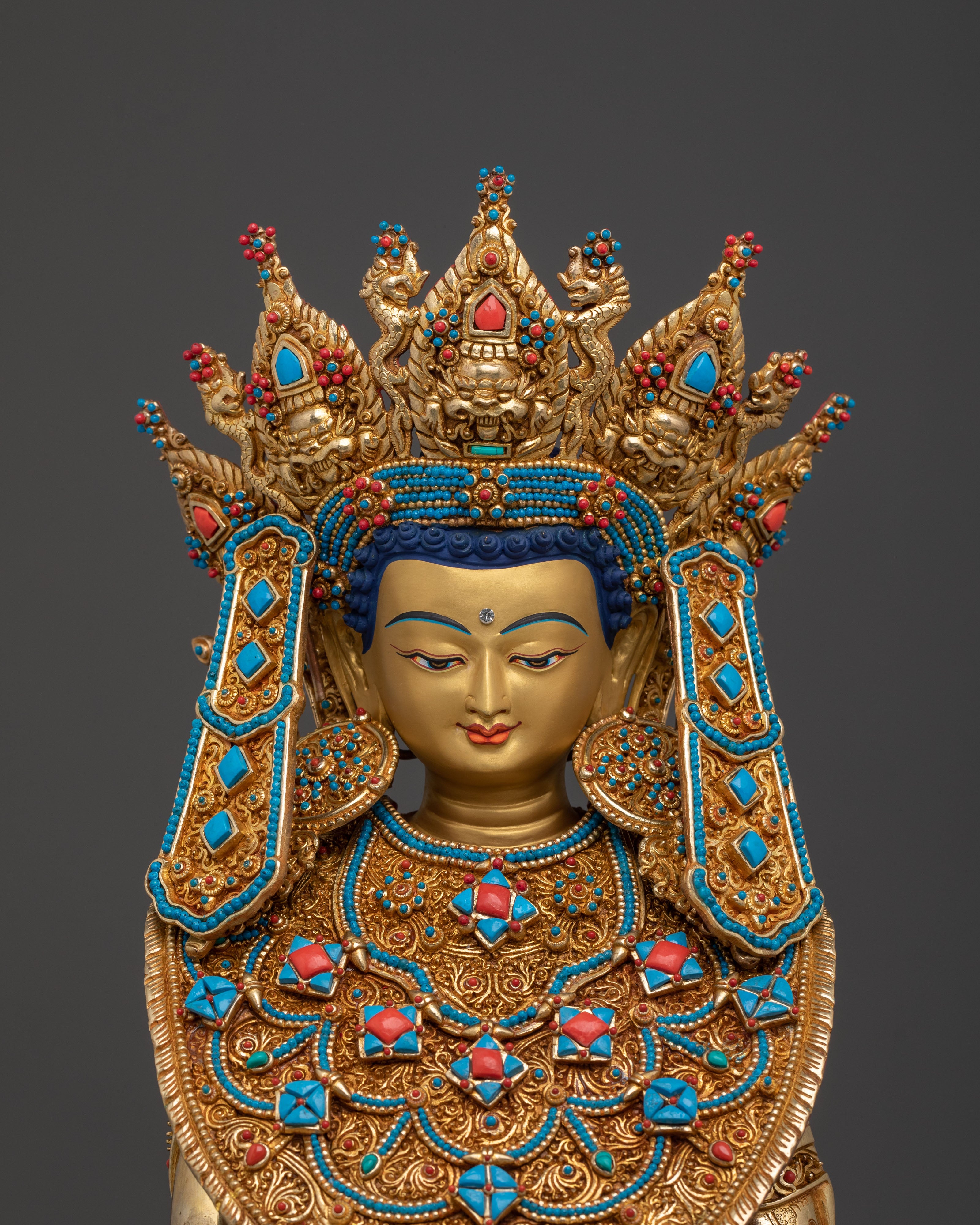Crown Shakyamuni Buddha Magnificient Statue in Gilded Gold