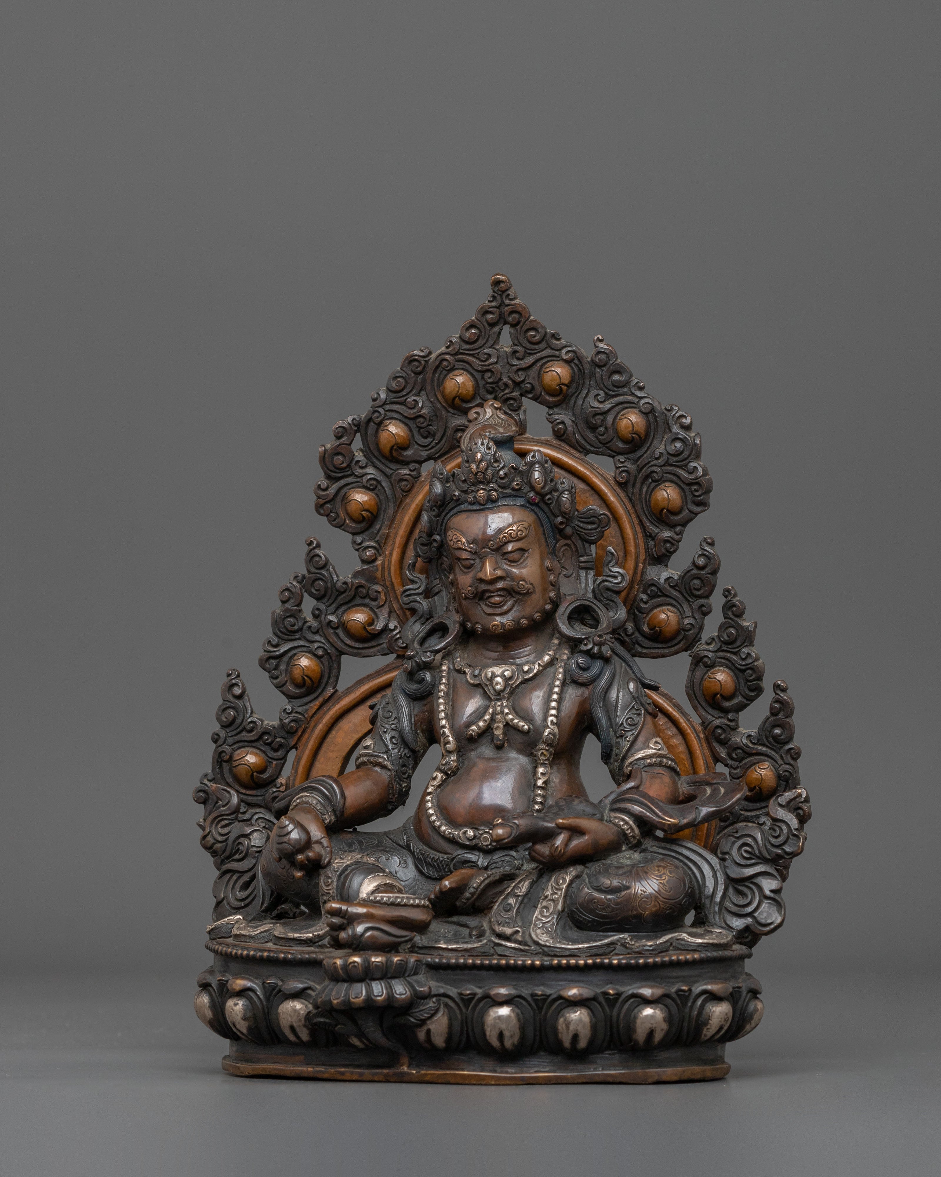Dzambhala Statue in Oxidized Copper with Silver Plating