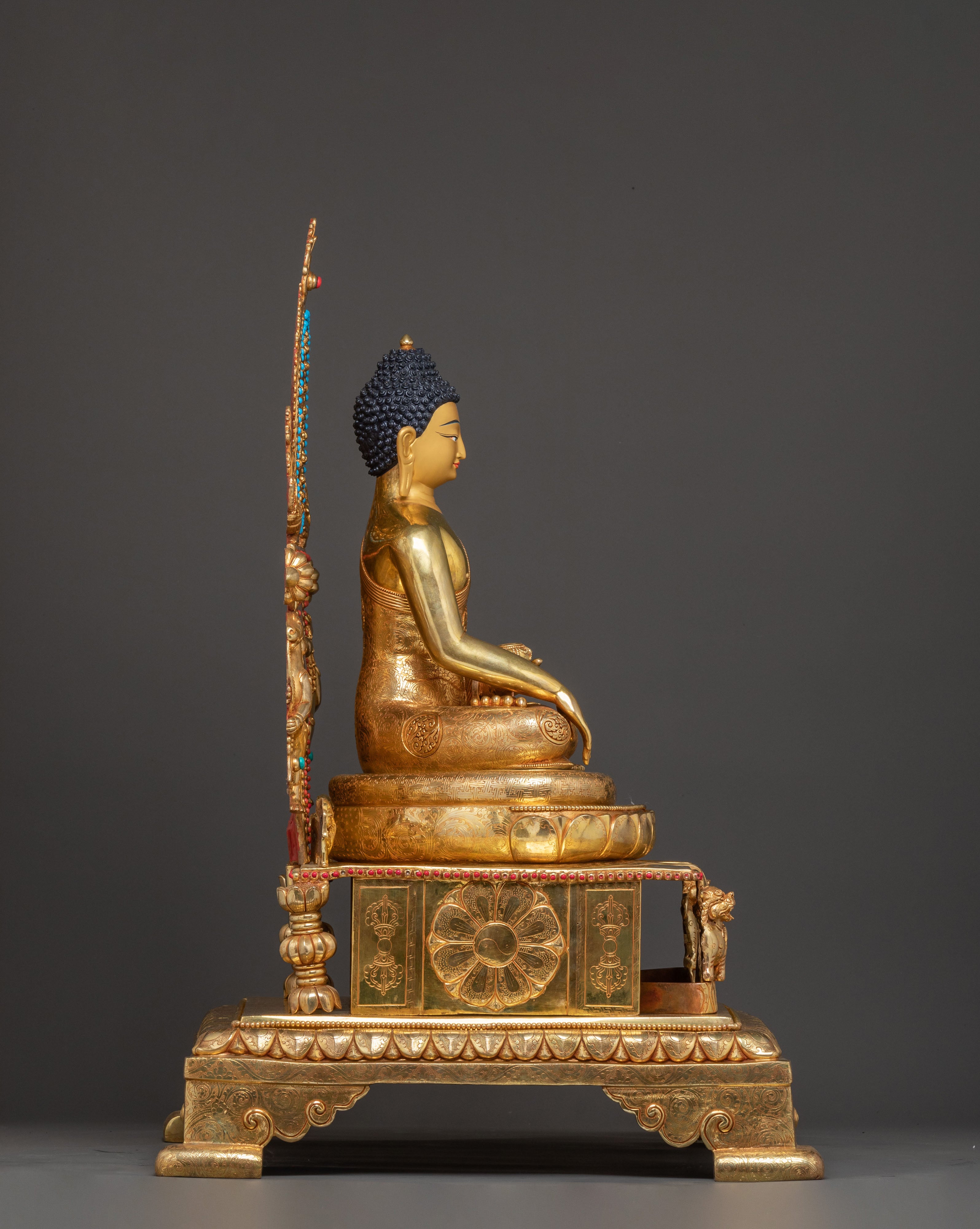 Sacred Statue of Shakyamuni Buddha in Throne – 24K Gold Gilded Artistry