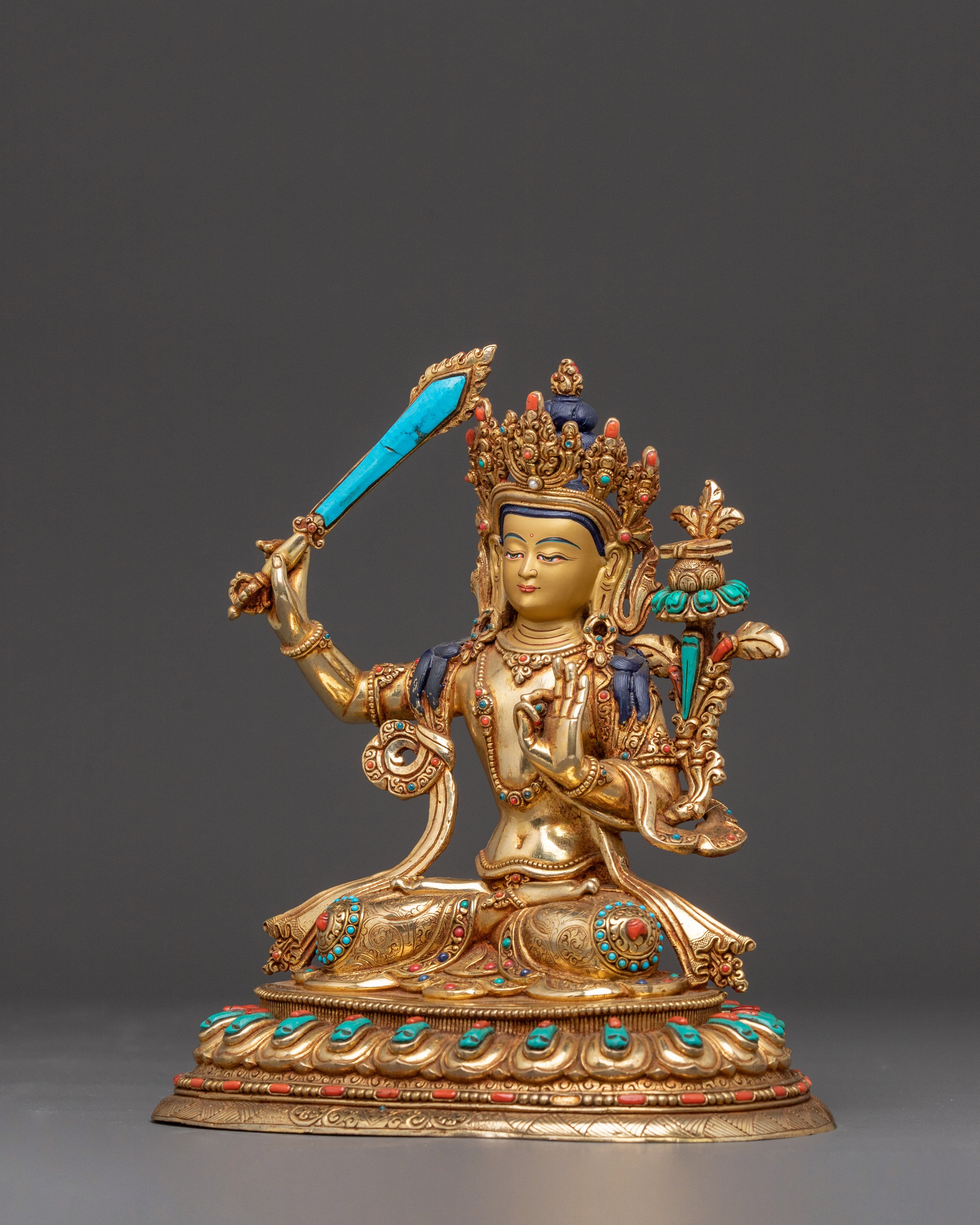 Tibetan Manjushri Wisdom Deity Statue | 24K Gold Gilded Statue