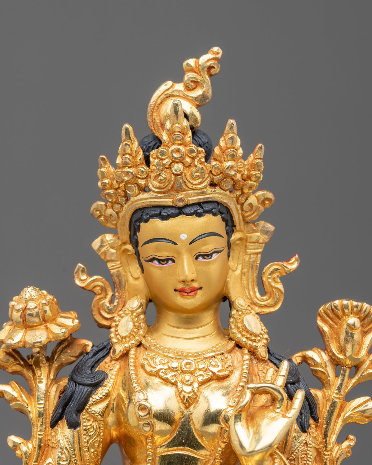 Buddhist Green Tara Meditation Statue in 24K Gold Gilded Copper